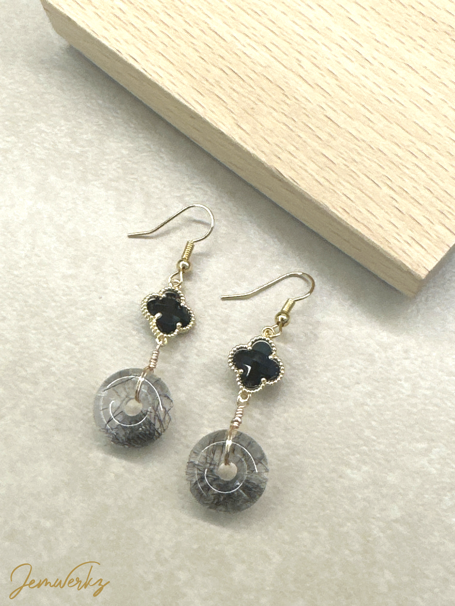BILLIE - Black Rutilated Quartz Donut with Clover Earrings