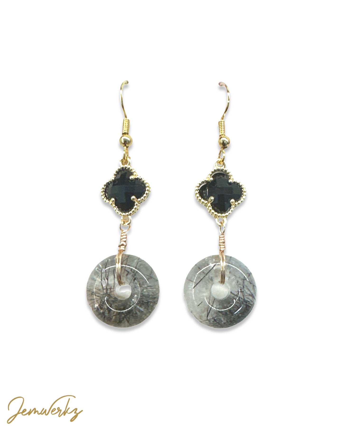 BILLIE - Black Rutilated Quartz Donut with Clover Earrings