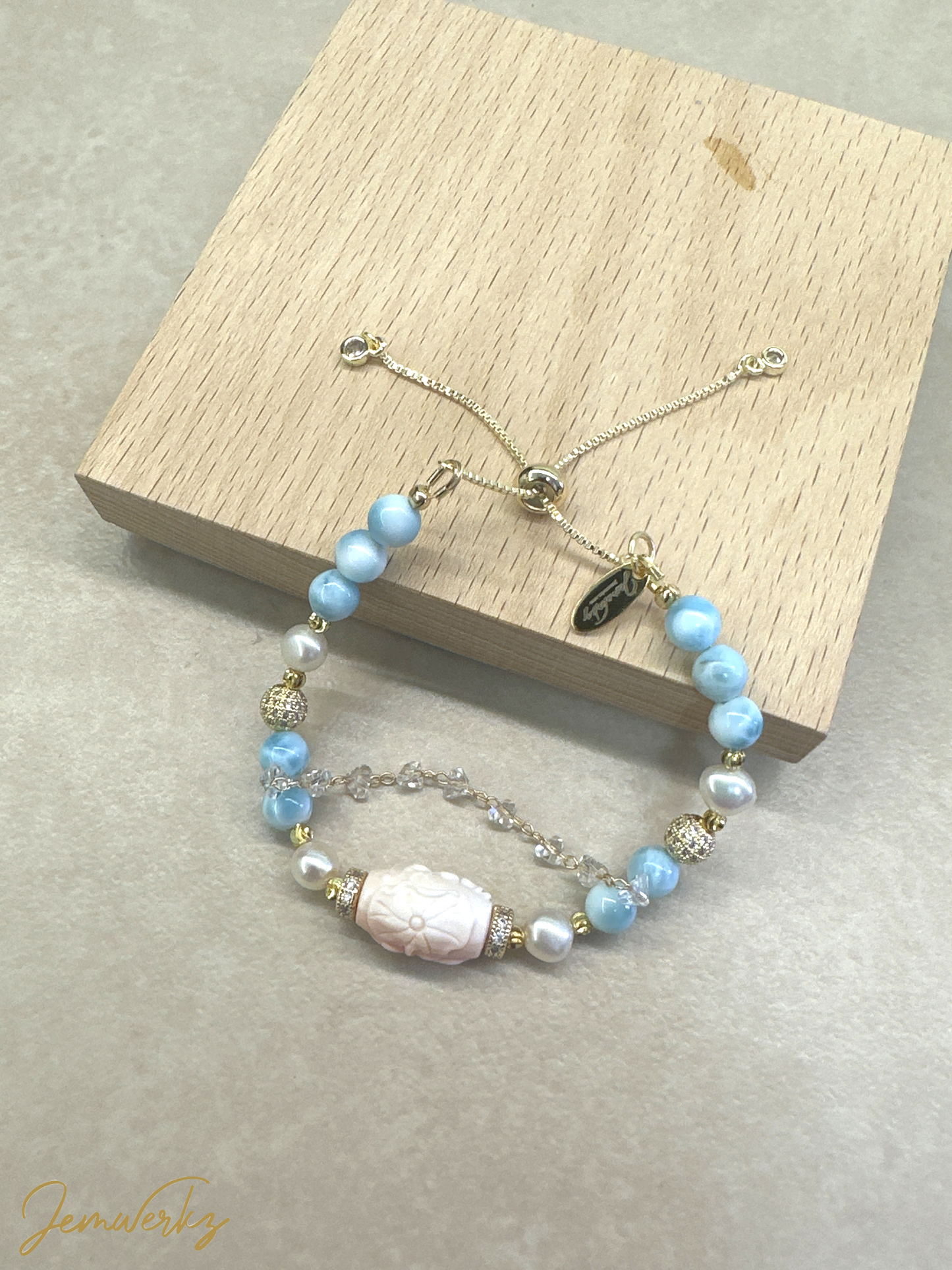 QUANAH - Queen Conch Peony Barrel with Larimar and Freshwater Pearls Bracelet