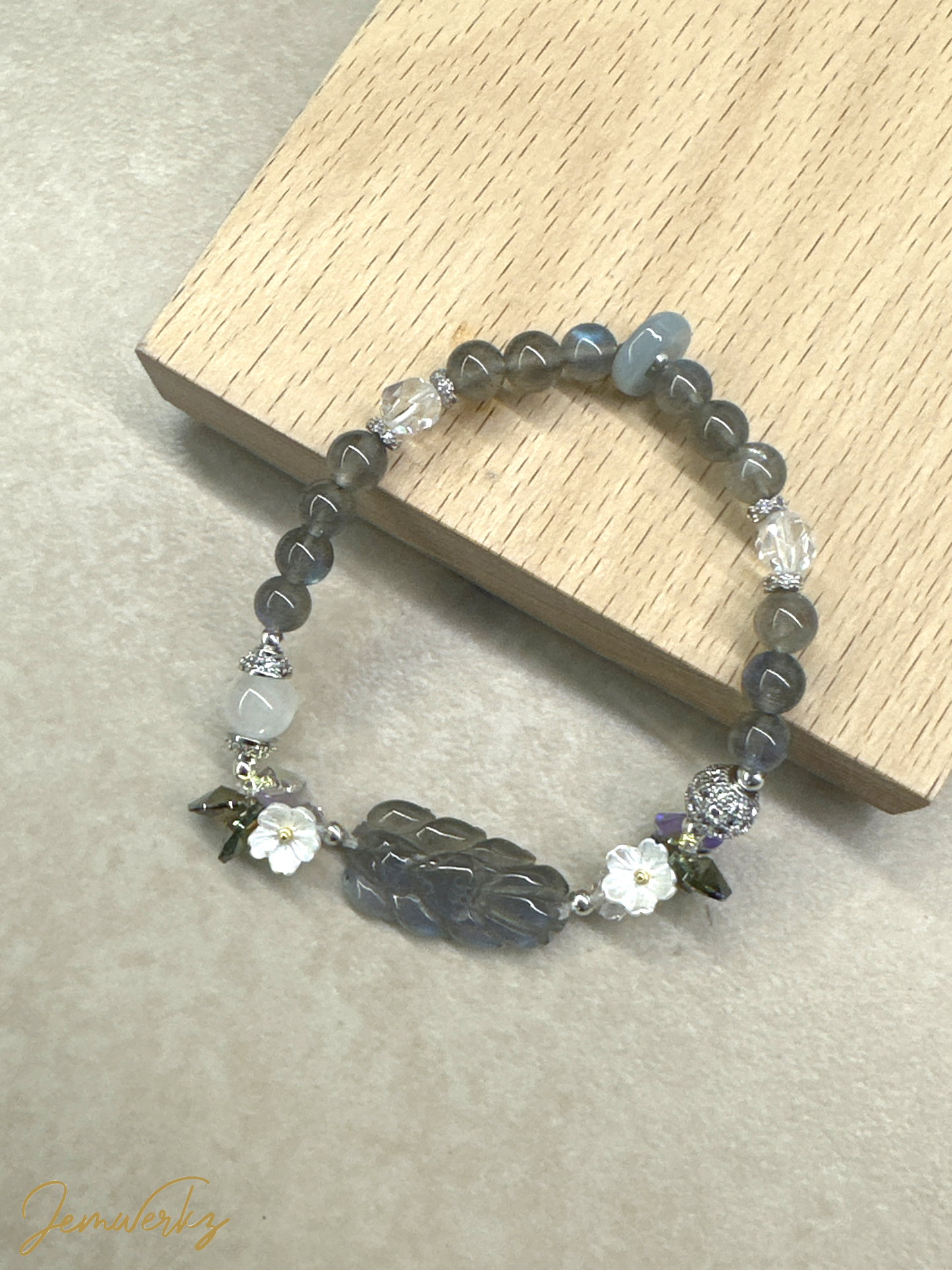LENNOX FOX - Labradorite 9-tailed Fox with Moonstone, Faceted Clear Quartz, Pearl Shell Flower, Jade Ring and Swarovski Crystals Bracelet