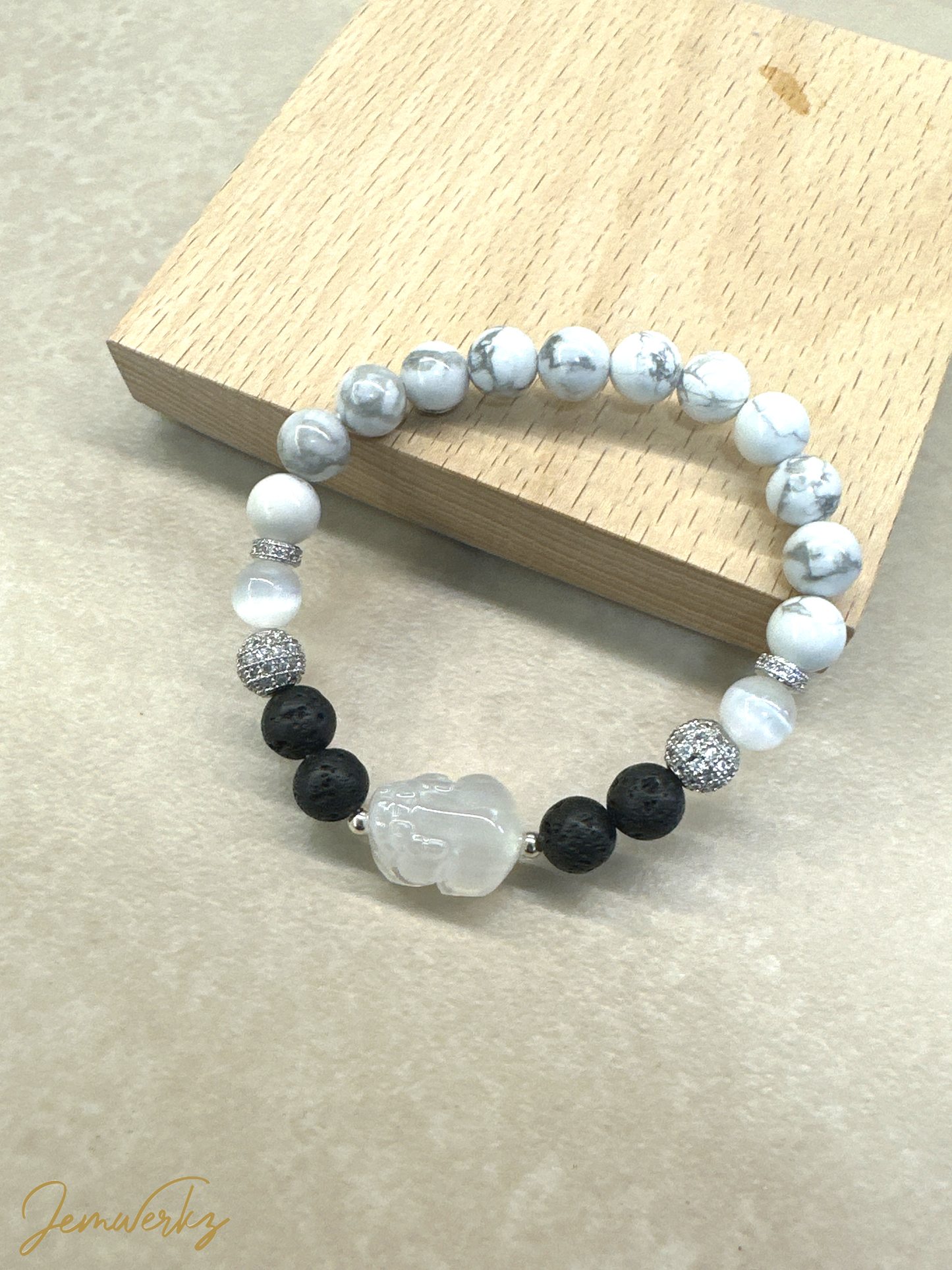 HARUKO 1.3 -Selenite Pixiu Centrepiece with Howlite, Selenite and Lava Stones Bracelet