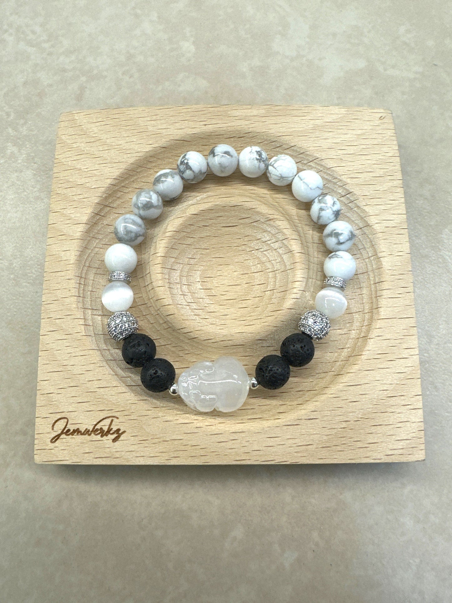 HARUKO 1.3 -Selenite Pixiu Centrepiece with Howlite, Selenite and Lava Stones Bracelet