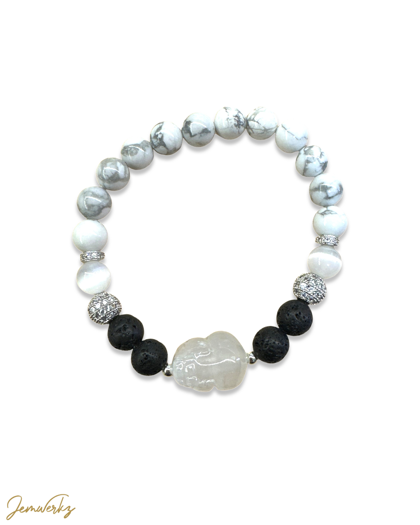 HARUKO 1.3 -Selenite Pixiu Centrepiece with Howlite, Selenite and Lava Stones Bracelet