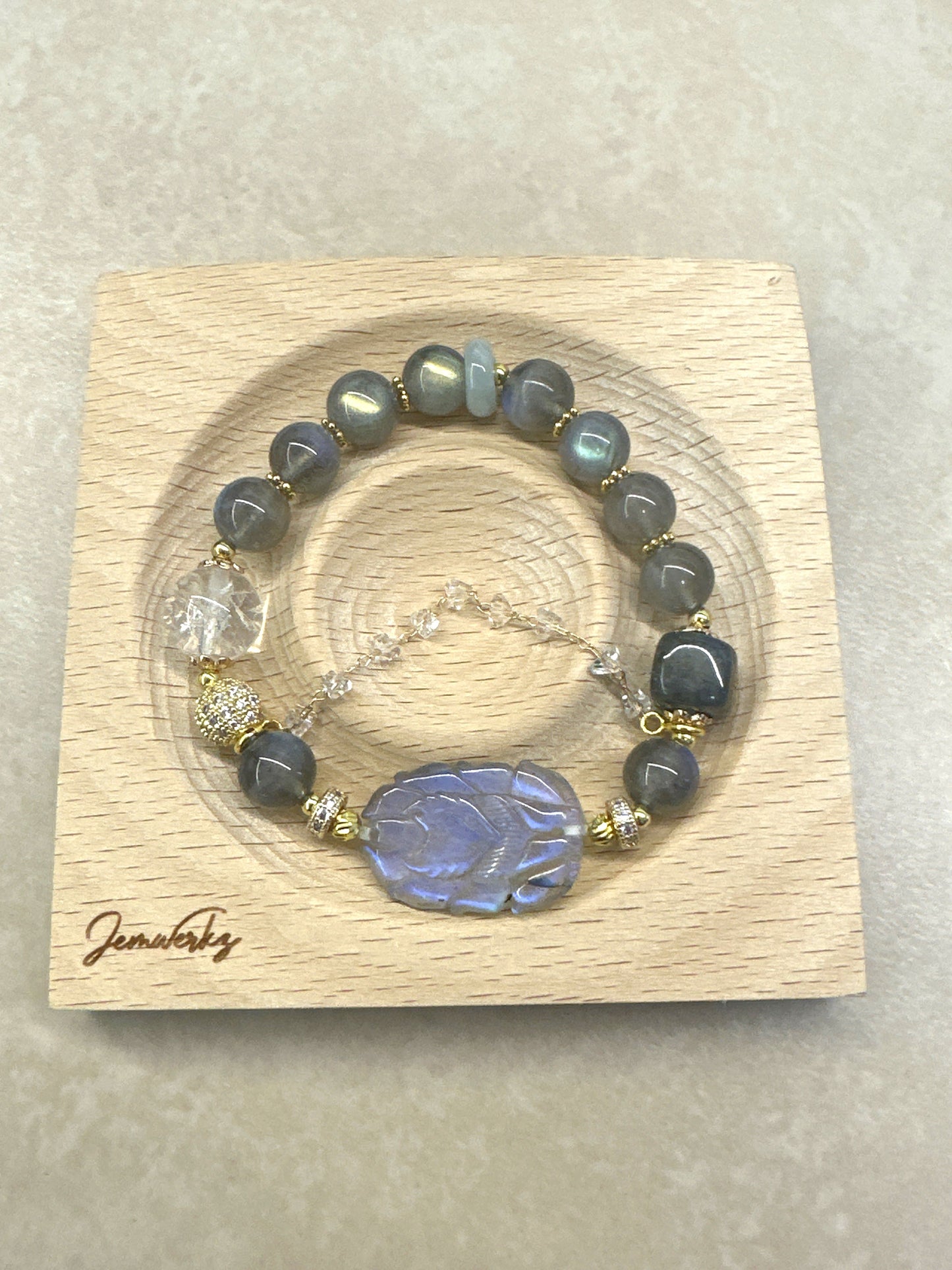 LYLA FOX - Labradorite 9-tailed Fox with Labradorite and Crackled Clear Quartz Bracelet