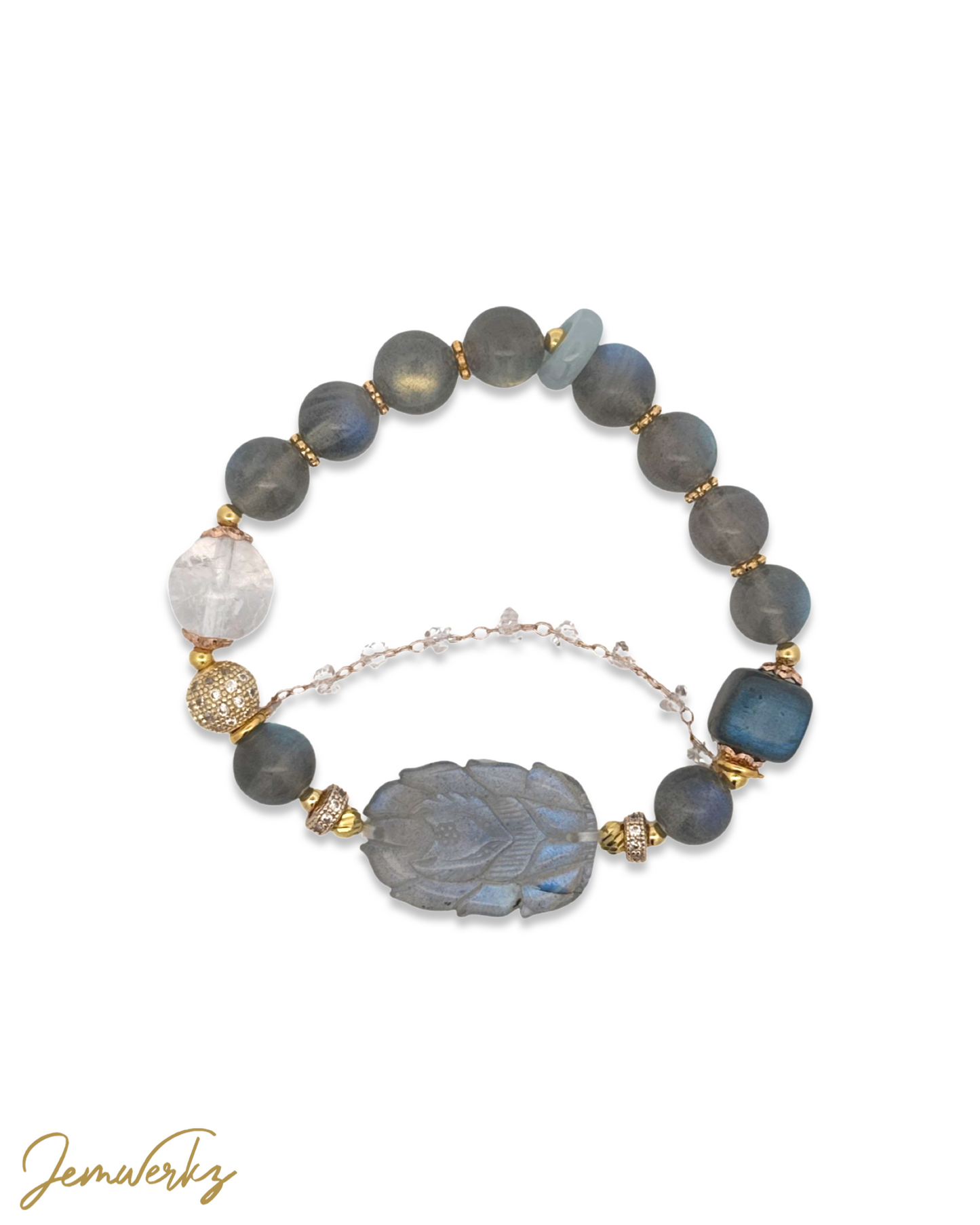 LYLA FOX - Labradorite 9-tailed Fox with Labradorite and Crackled Clear Quartz Bracelet