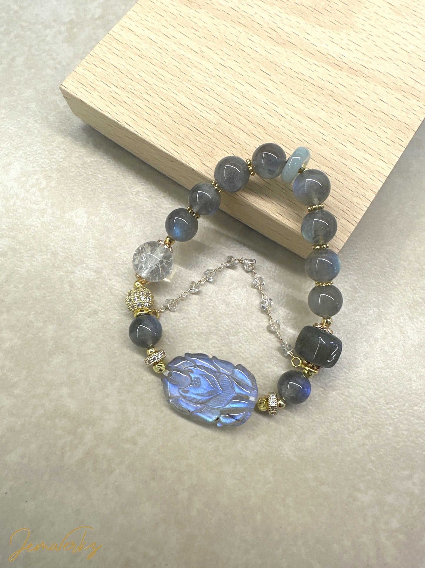 LYLA FOX - Labradorite 9-tailed Fox with Labradorite and Crackled Clear Quartz Bracelet