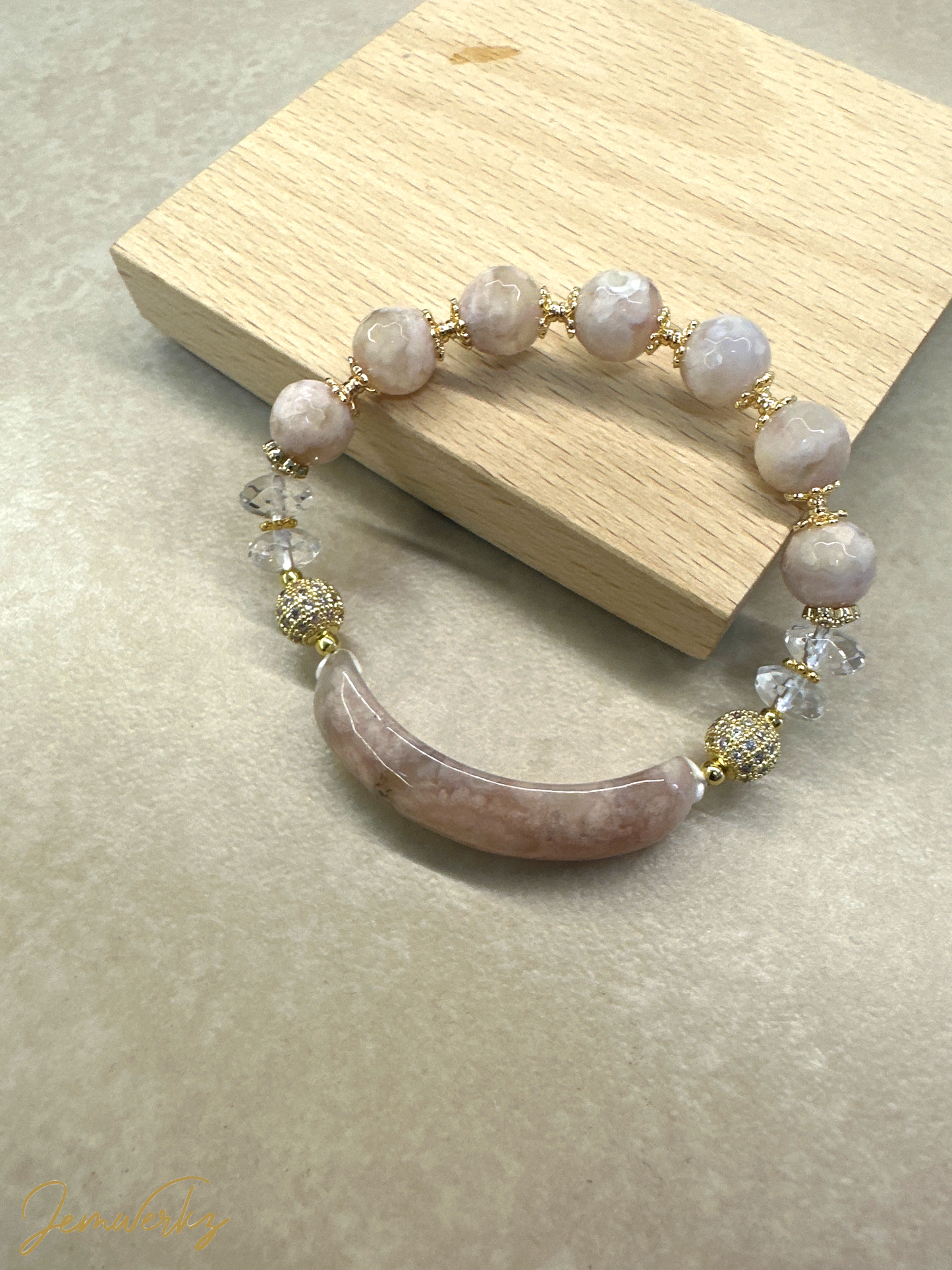 SALMA - Sakura Agate Half Bangle with Faceted Sakura Agate and Clear Quartz Bracelet