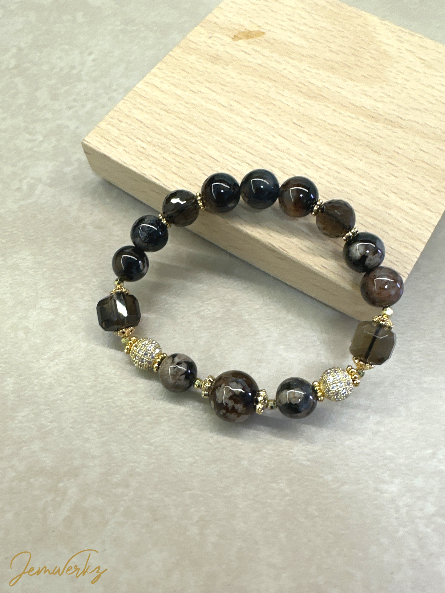 SYBIL - Black Sakura Agate and Faceted Smoky Quartz Bracelet