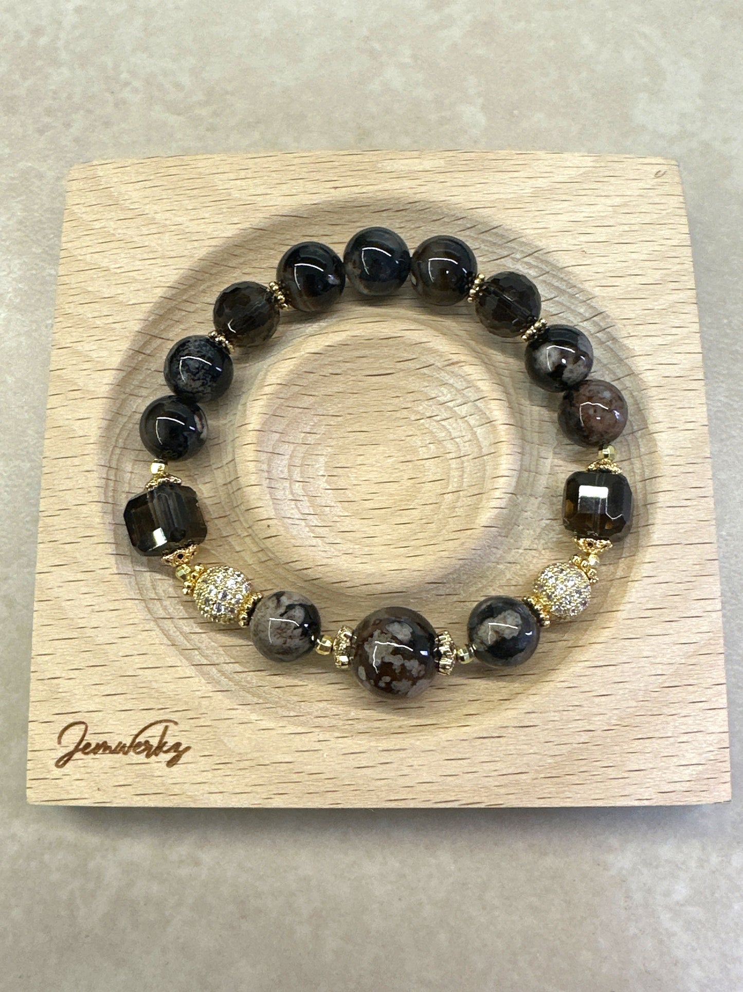 SYBIL - Black Sakura Agate and Faceted Smoky Quartz Bracelet