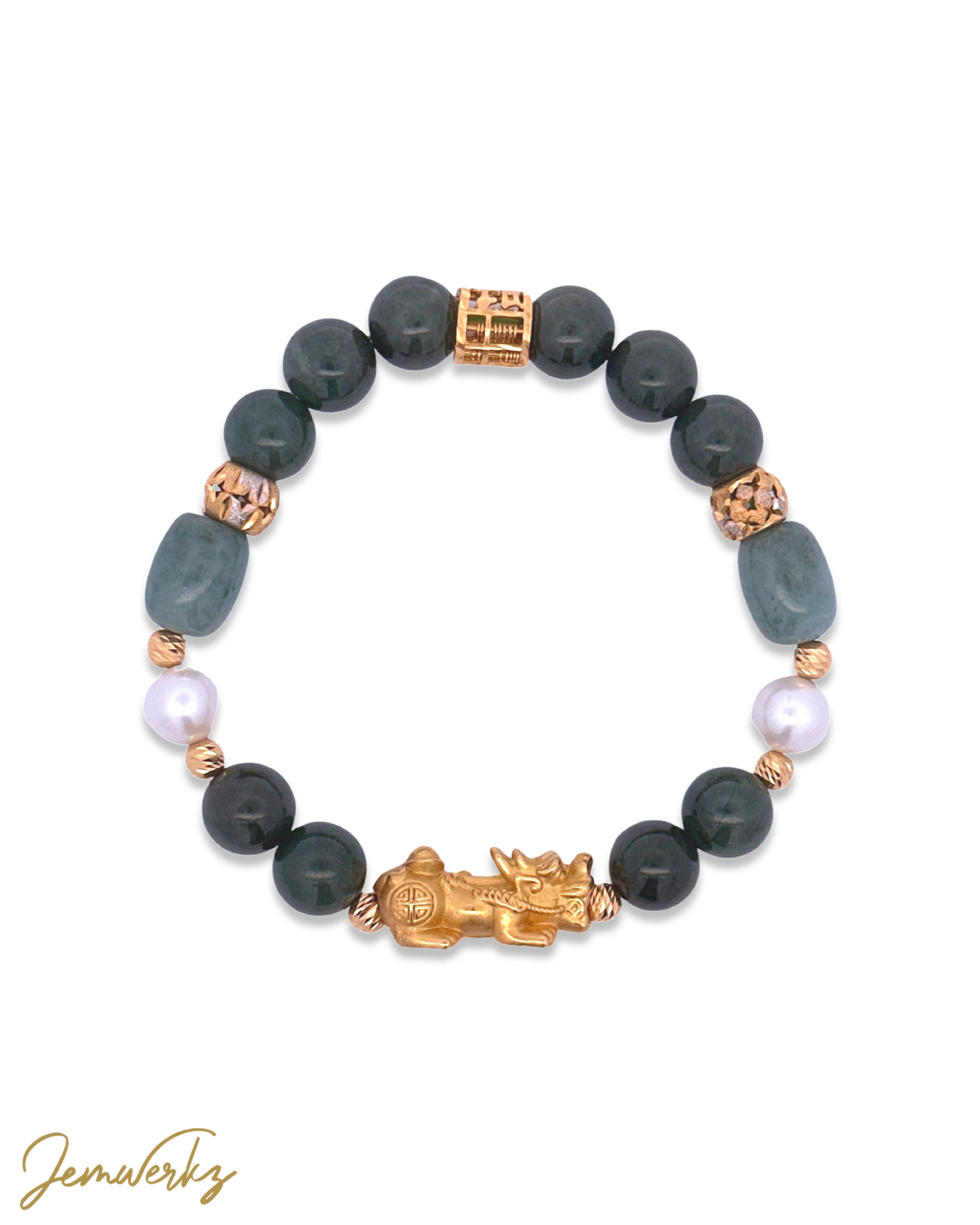 JORDANA GOLD 1.0 - 999 Pure Gold Pixiu with Jade Barrels, Jade, Freshwater Pearls and 916 Gold Spacers Bracelet