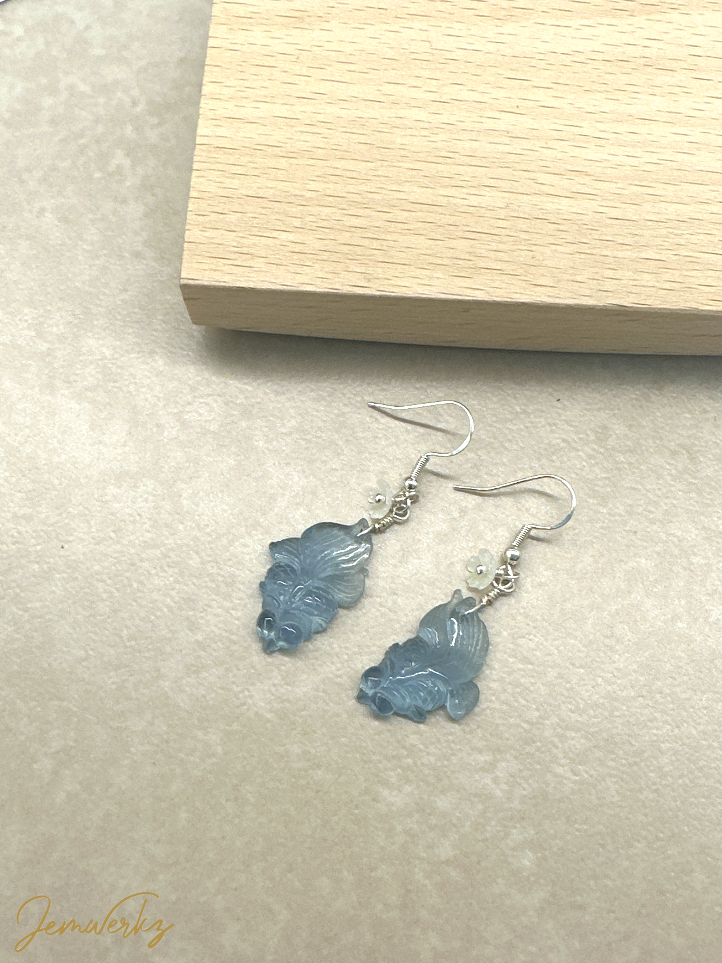 ACACIA - Aquamarine Goldfish with Pearl Shell Flower Earrings