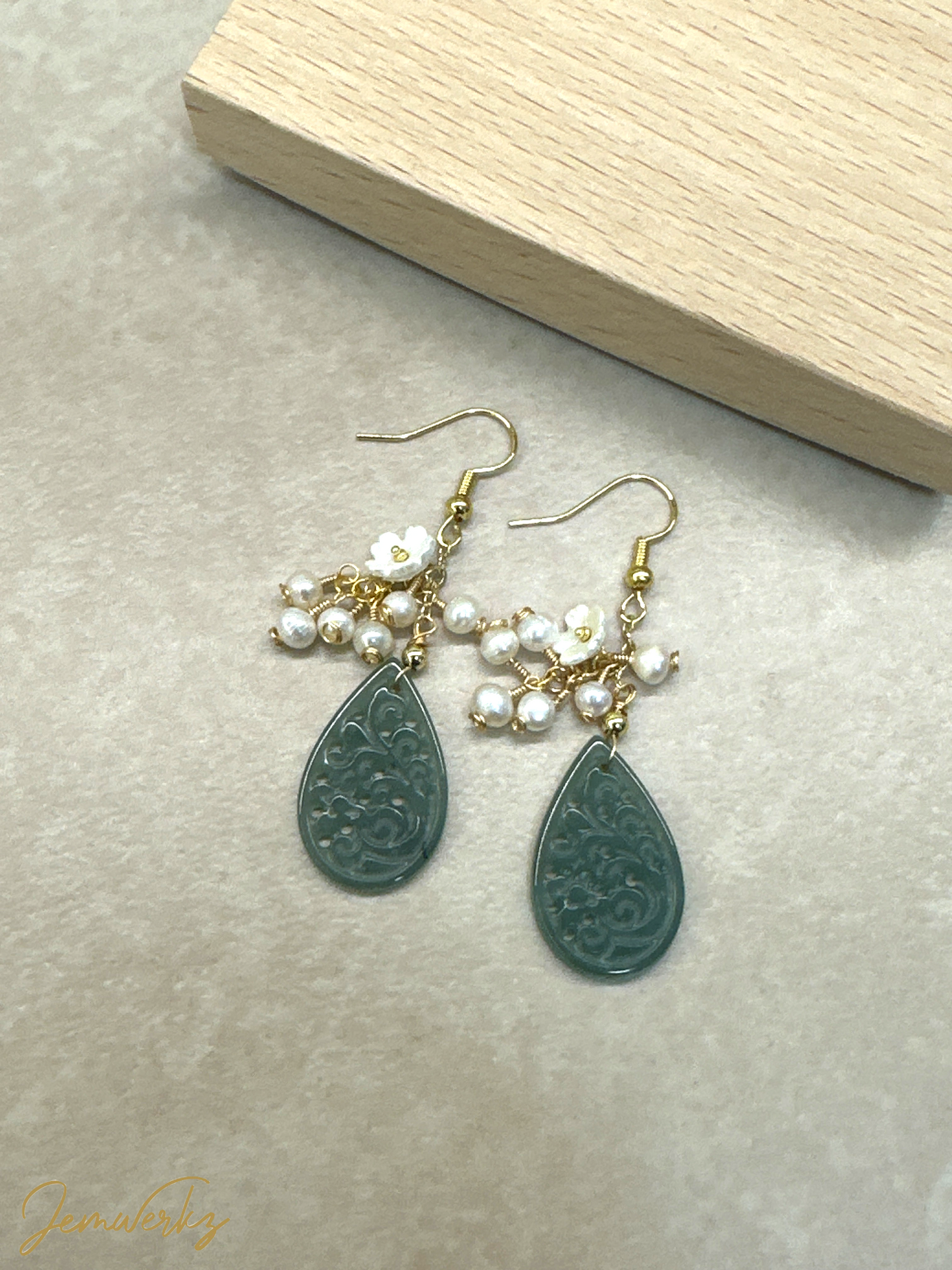 JENESIS 1.0 - Jade Teardrop Carving, Pearl Cluster with Pearl Shell Flower Earrings