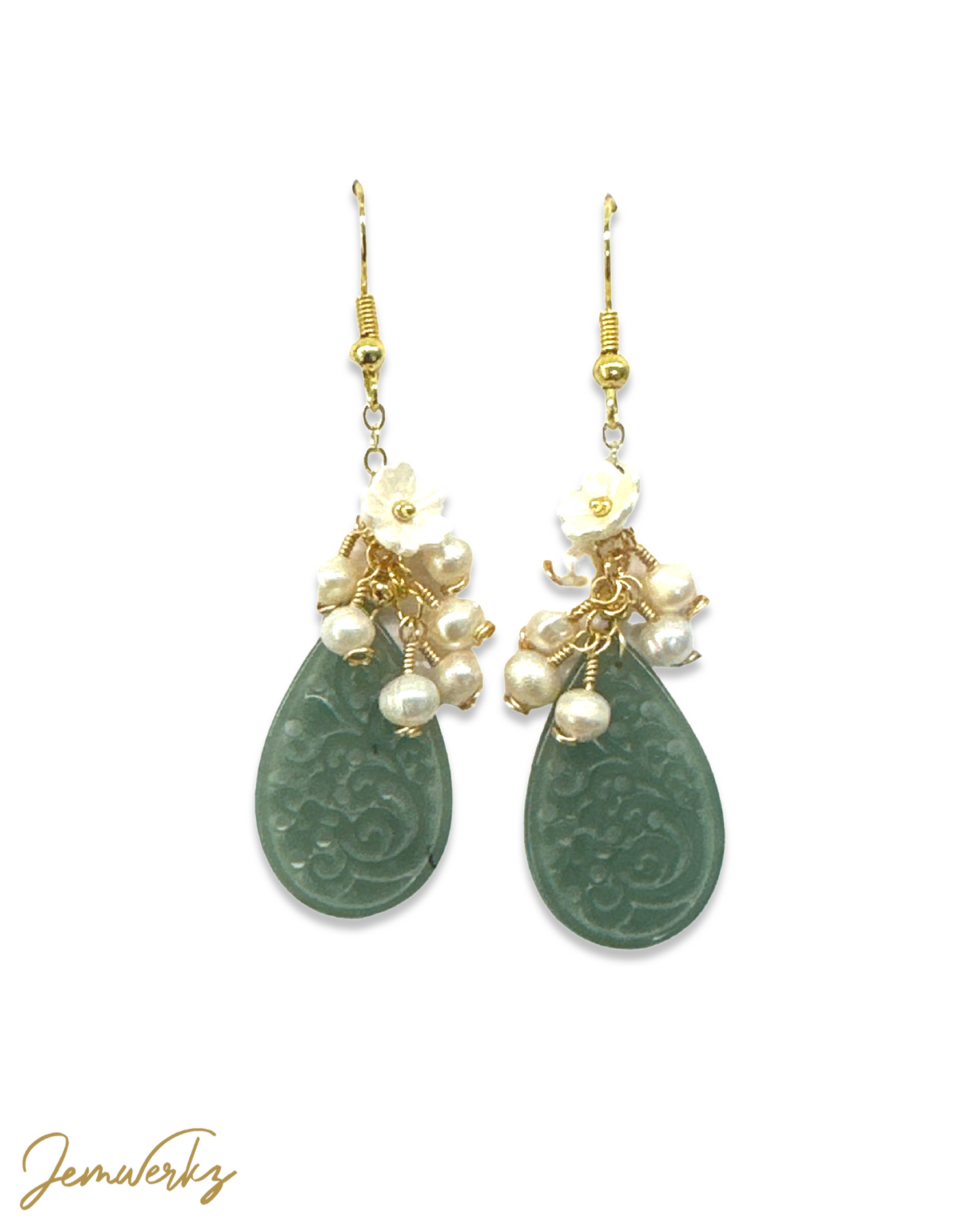 JENESIS 1.0 - Jade Teardrop Carving, Pearl Cluster with Pearl Shell Flower Earrings