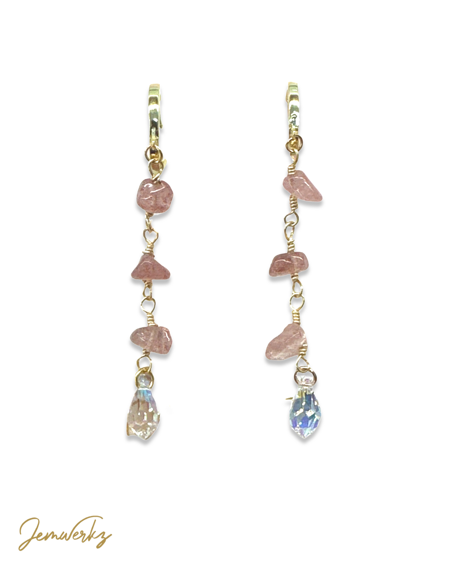 SAESHA 1.0 - Strawberry Quartz Chips with Swarovski Teardrop Earrings