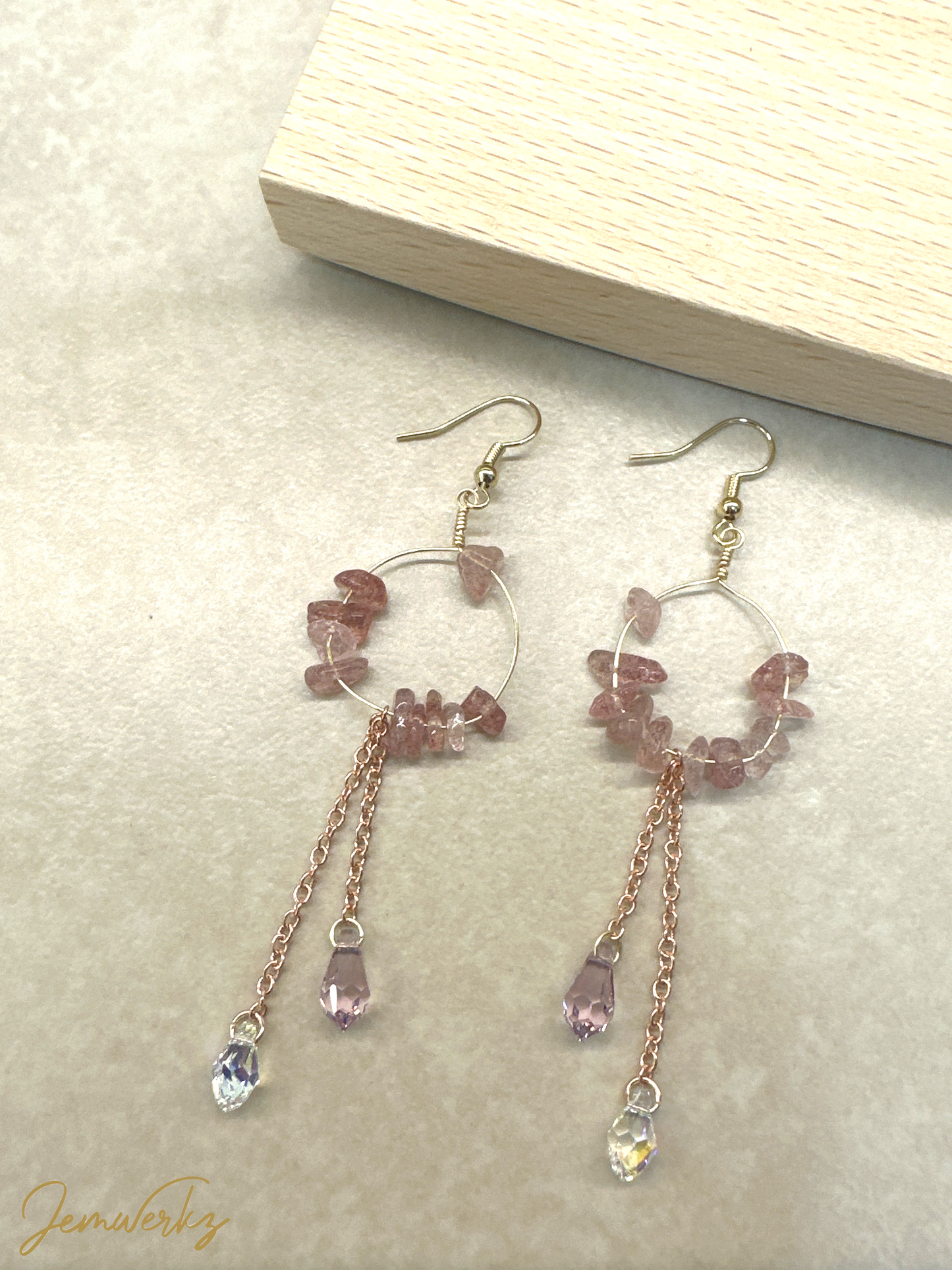 SAESHA 1.1 - Strawberry Quartz Chips with Swarovski Teardrop Hoop Earrrings