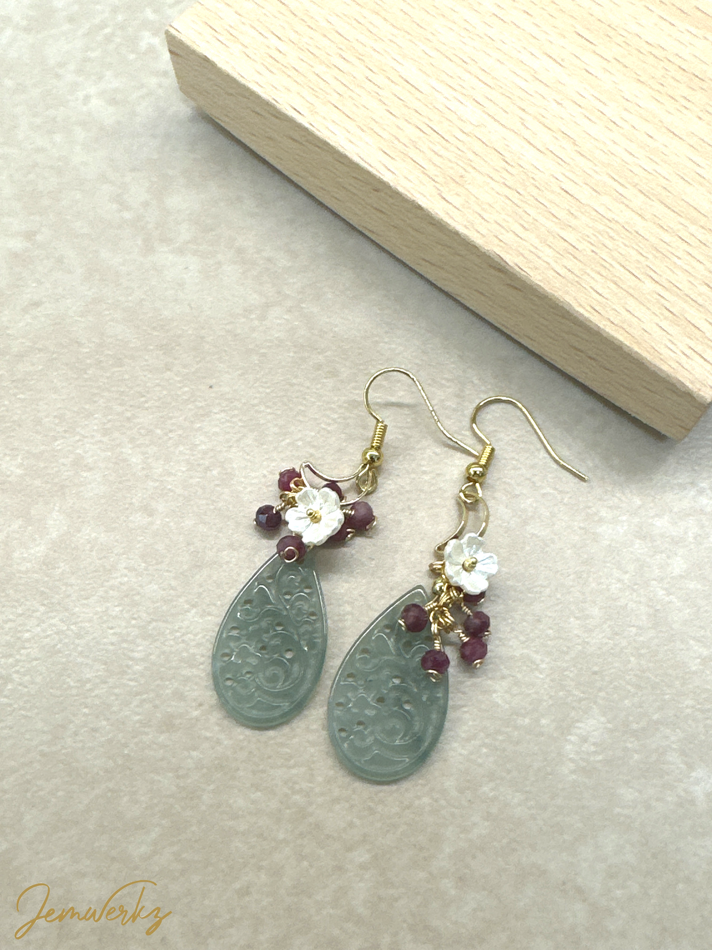 JENESIS 1.1 - Jade Teardrop Carving, Faceted Ruby Cluster with Pearl Shell Flower Earrings