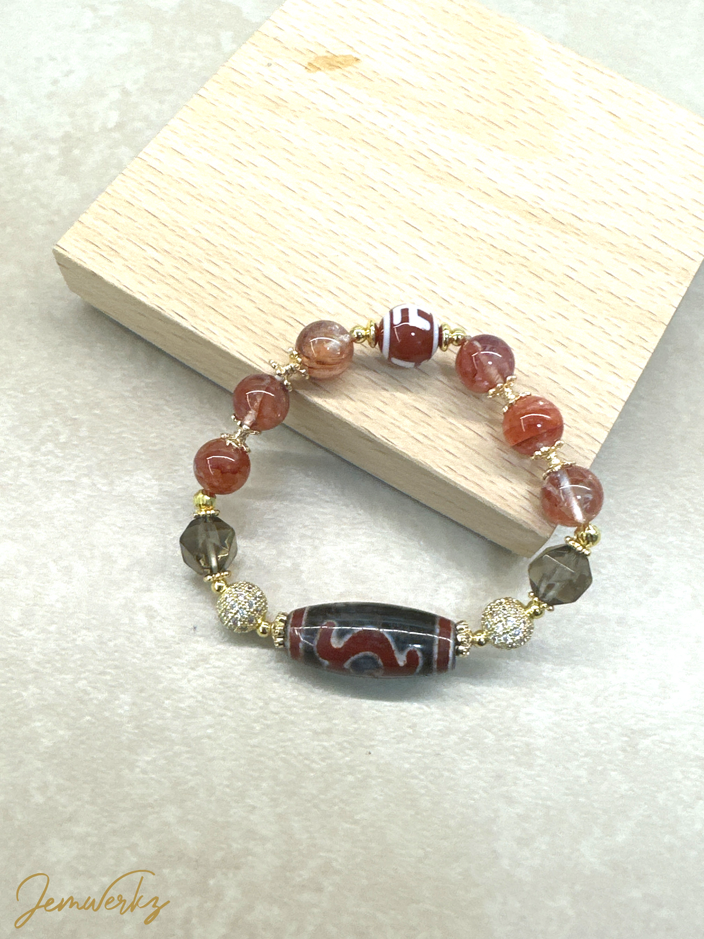 DAHLIA 1.0 - Dzi Ruyi and Swastika with Fire Quartz and Faceted Smoky Quartz Bracelet