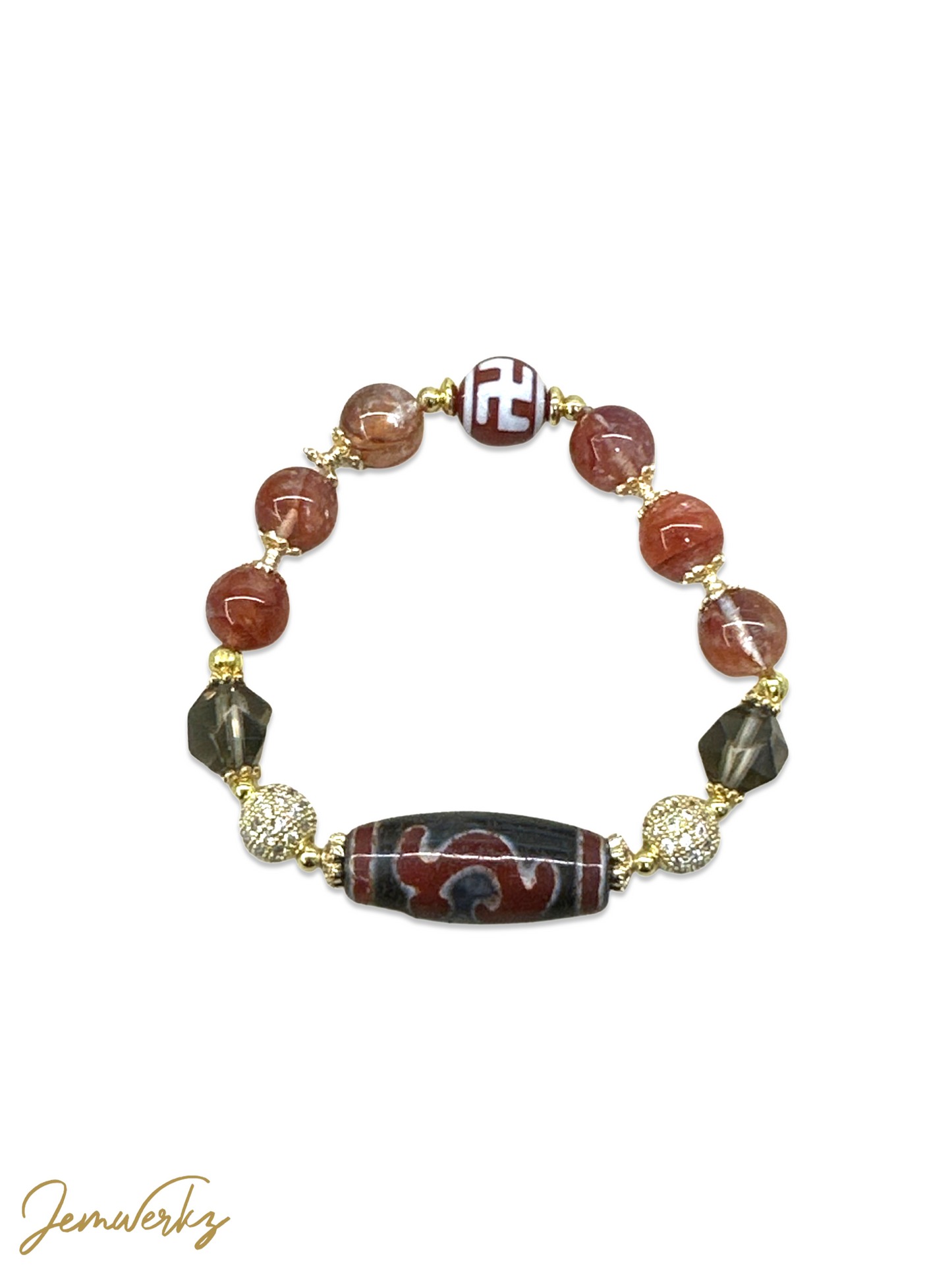 DAHLIA 1.0 - Dzi Ruyi and Swastika with Fire Quartz and Faceted Smoky Quartz Bracelet