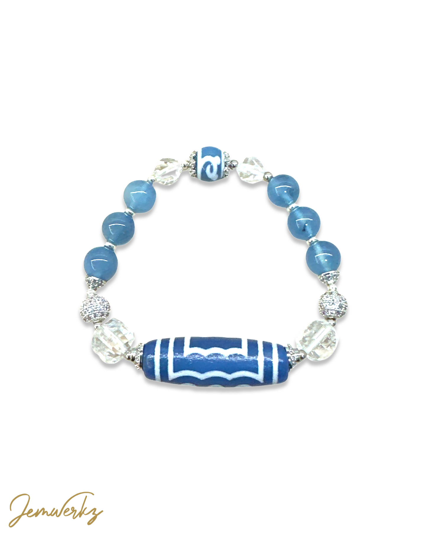 DARLA - Dzi 5 Eye, Aquamarine, Clear Quartz Cubes, Faceted Clear Quartz