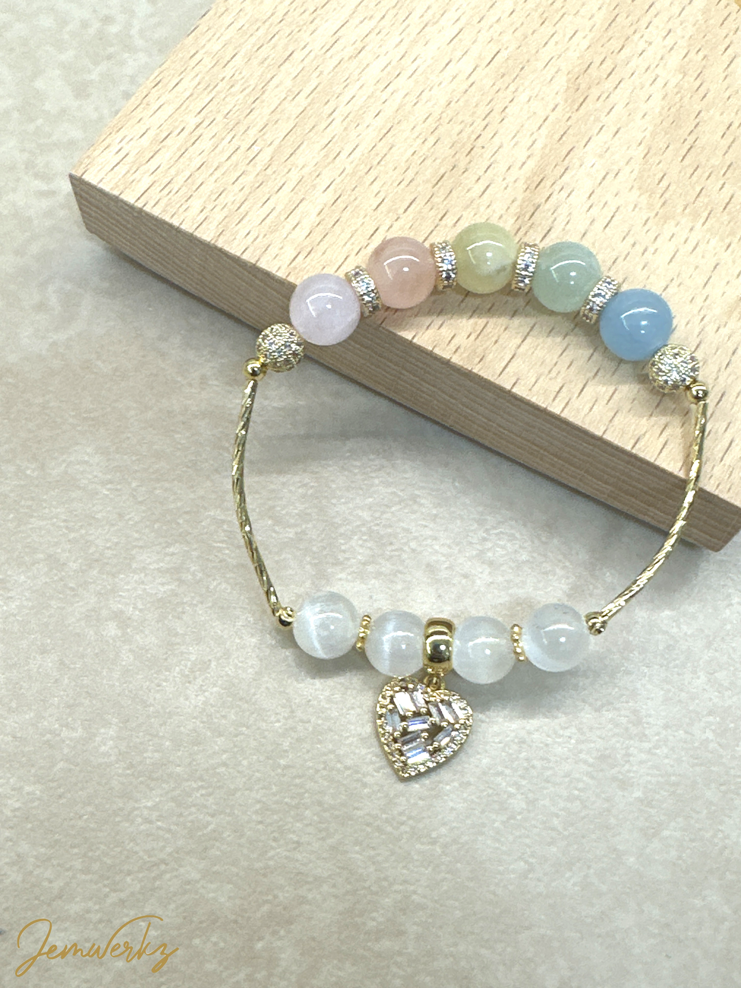 MELODIE 1.2 - Rainbow Morganite, Selenite and Locket Charm Bracelet