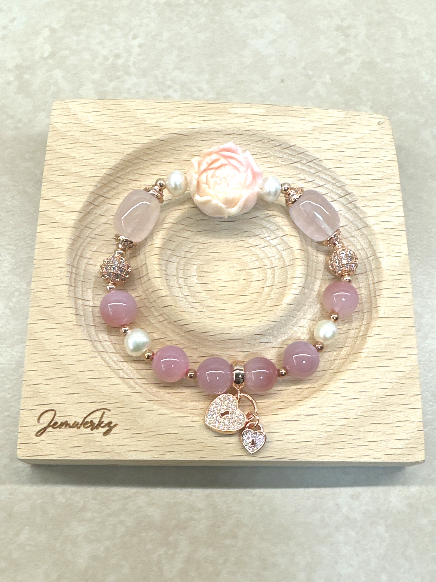 QUILLA - Queen Conch Peony , Rose Quartz Barrel, YanYuan Agate, Freshwater Pearls and Heart Charm Bracelet
