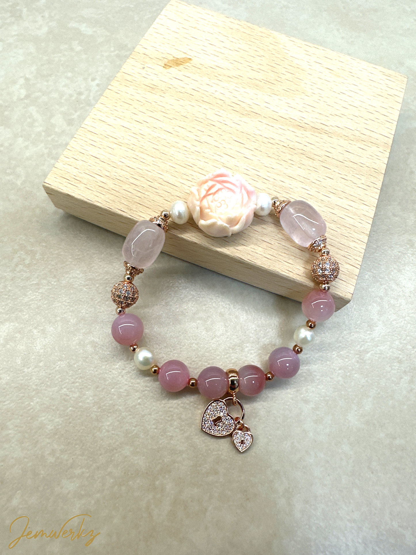 QUILLA - Queen Conch Peony , Rose Quartz Barrel, YanYuan Agate, Freshwater Pearls and Heart Charm Bracelet