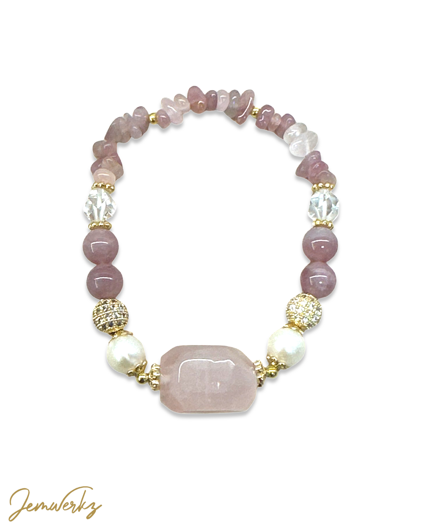 RAEVEE - Rose Quartz Freeform, Lavender Rose Quartz Beads and Chips, Freshwater Pearls, Clear Quartz Bracelet