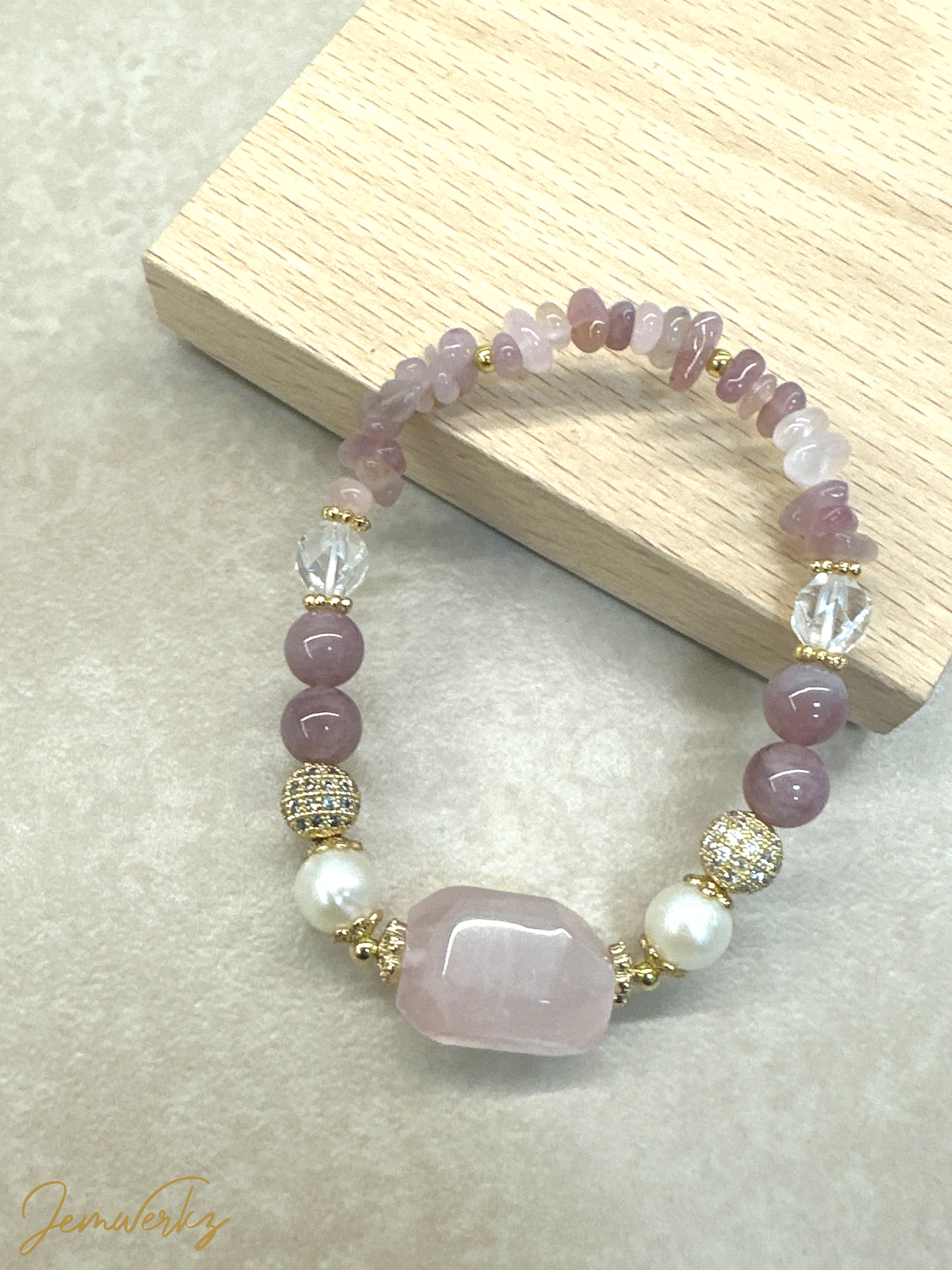 RAEVEE - Rose Quartz Freeform, Lavender Rose Quartz Beads and Chips, Freshwater Pearls, Clear Quartz Bracelet