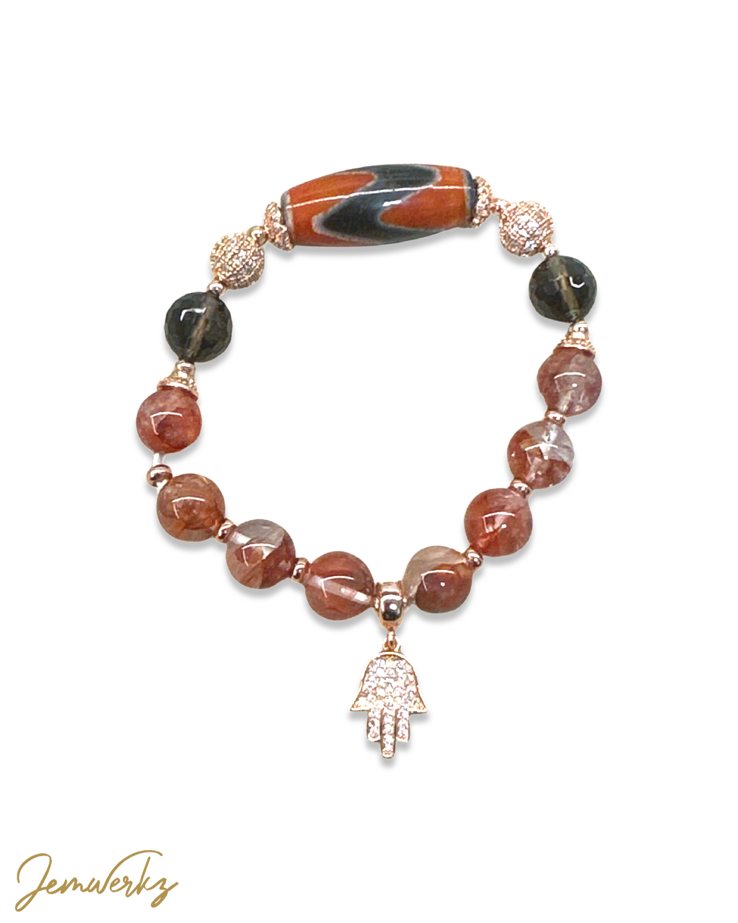 DAHLIA 1.1 - Dzi Tiger Tooth, Fire Quartz, Faceted Smoky Quartz, Hamsa Charm Bracelet