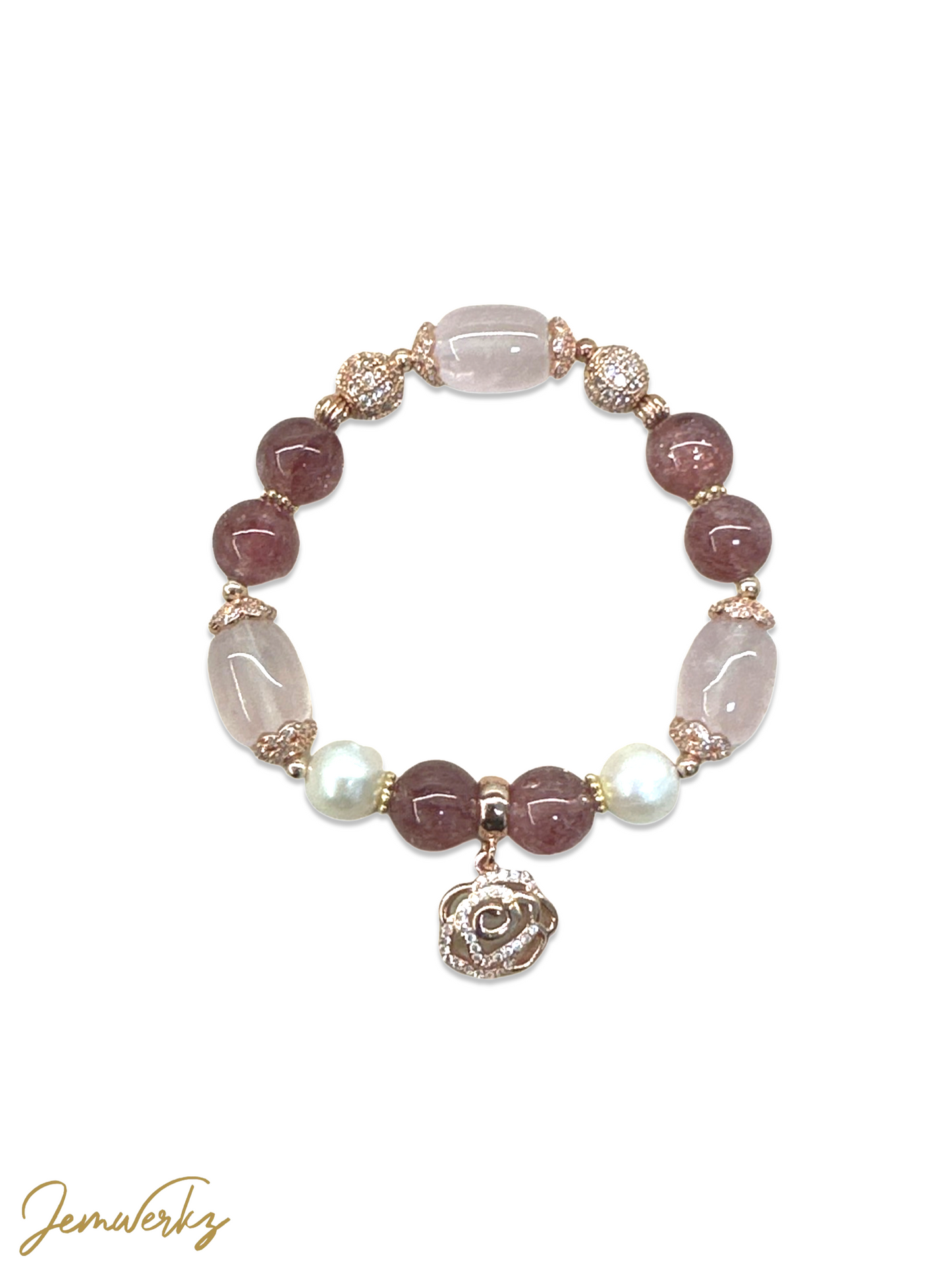 RIRIKA 1.4 - Rose Quartz Barrel, Strawberry Quartz with Freshwater Pearl Bracelet with Leaf Charm