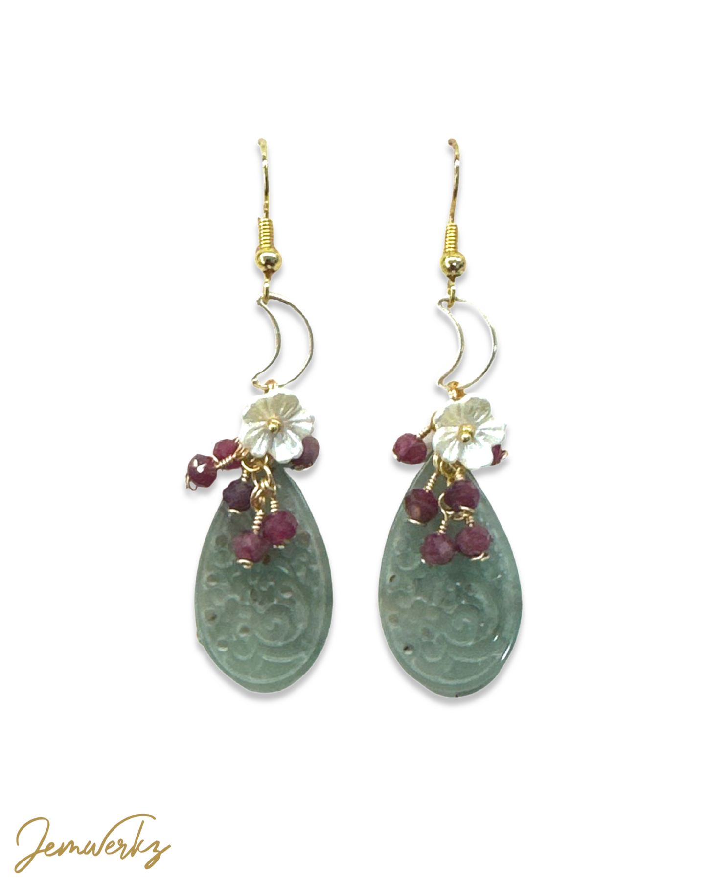 JENESIS 1.1 - Jade Teardrop Carving, Faceted Ruby Cluster with Pearl Shell Flower Earrings