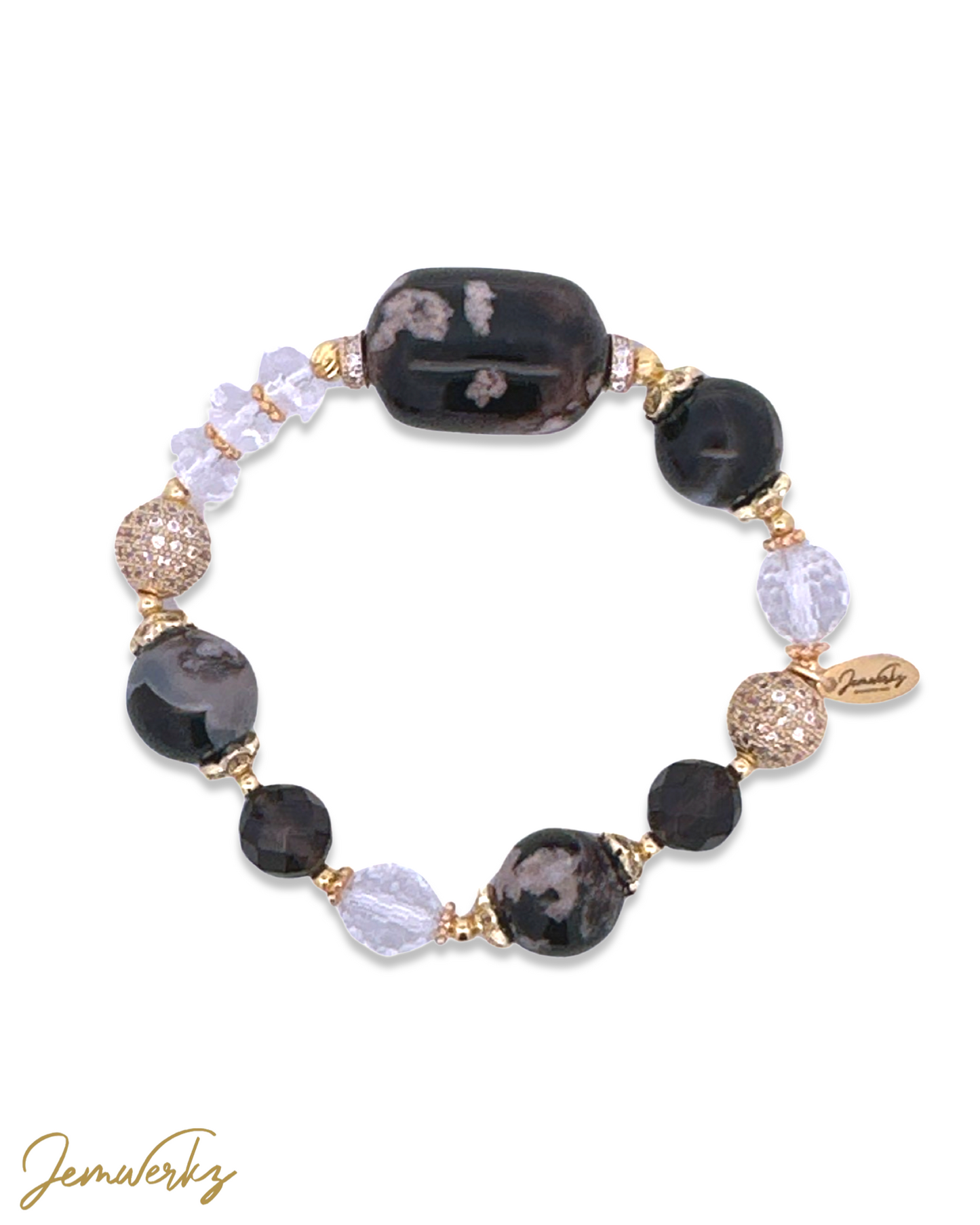 SIMONE 1.1 - Black Sakura Agate Barrel and Faceted Smoky Quartz Bracelet