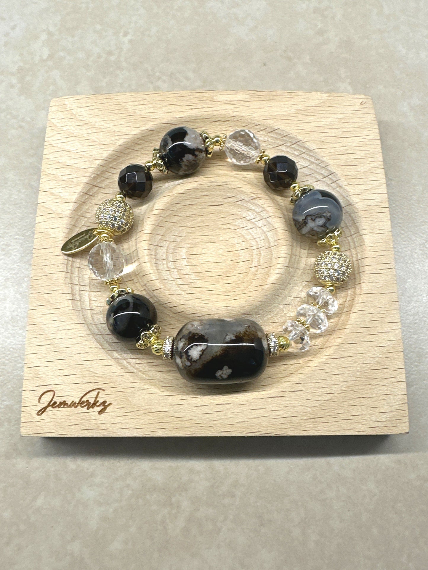 SIMONE 1.1 - Black Sakura Agate Barrel and Faceted Smoky Quartz Bracelet