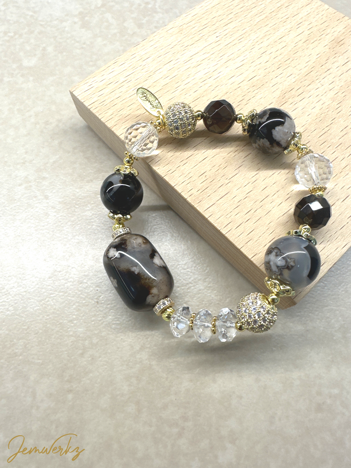 SIMONE 1.1 - Black Sakura Agate Barrel and Faceted Smoky Quartz Bracelet