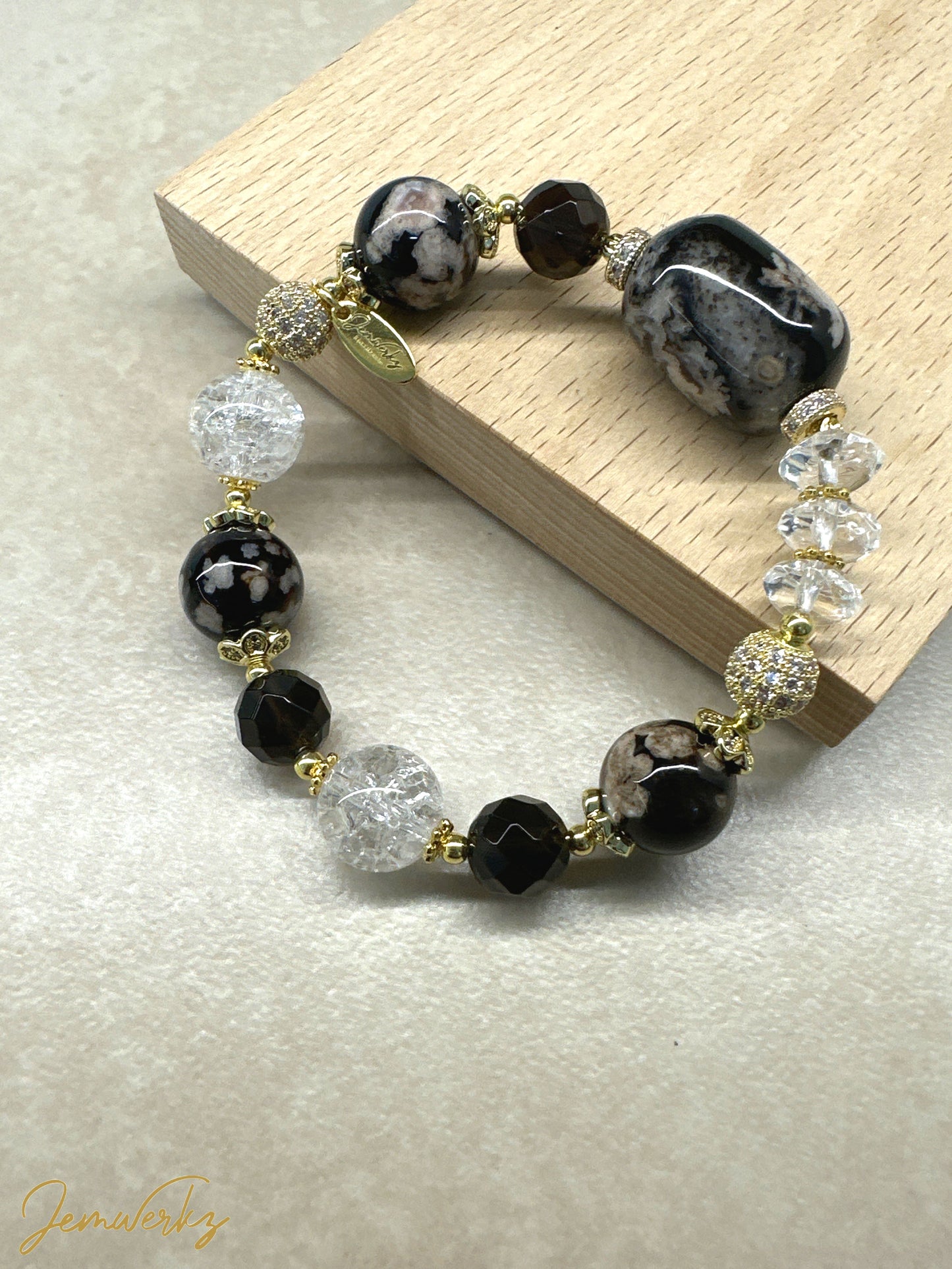 SIMONE 1.2 - Black Sakura Agate Barrel with Faceted Smoky Quartz Bracelet