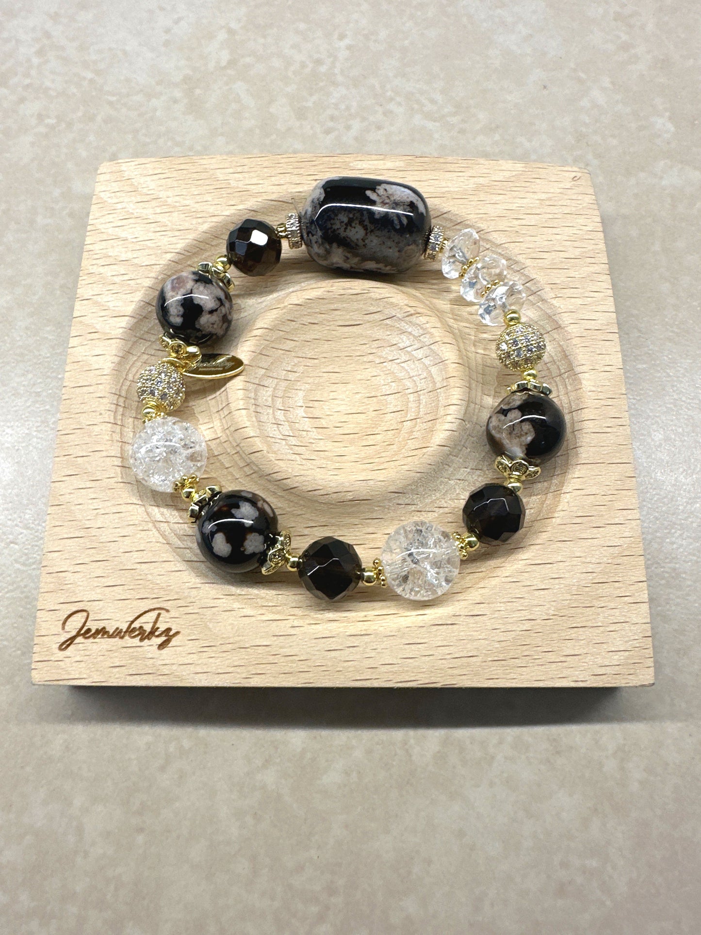 SIMONE 1.2 - Black Sakura Agate Barrel with Faceted Smoky Quartz Bracelet