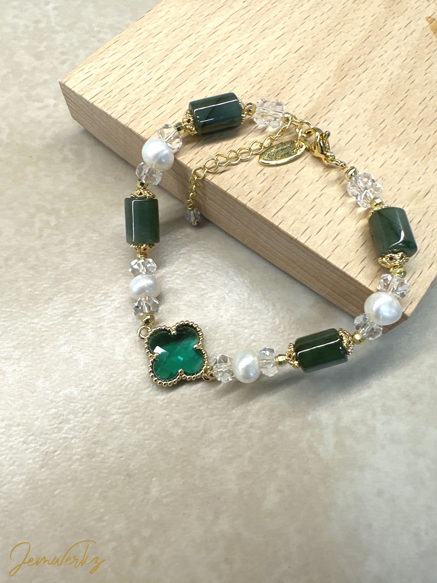 JULISSA - Green Clover with Jade Barrel, Faceted Clear Quartz and Freshwater Pearls Bracelet