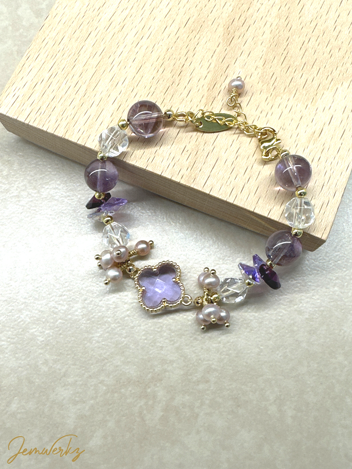 CHIYOKO 1.1 - Purple Clover with Amethyst, Clear Quartz and Pink Freshwater Pearls Bracelet