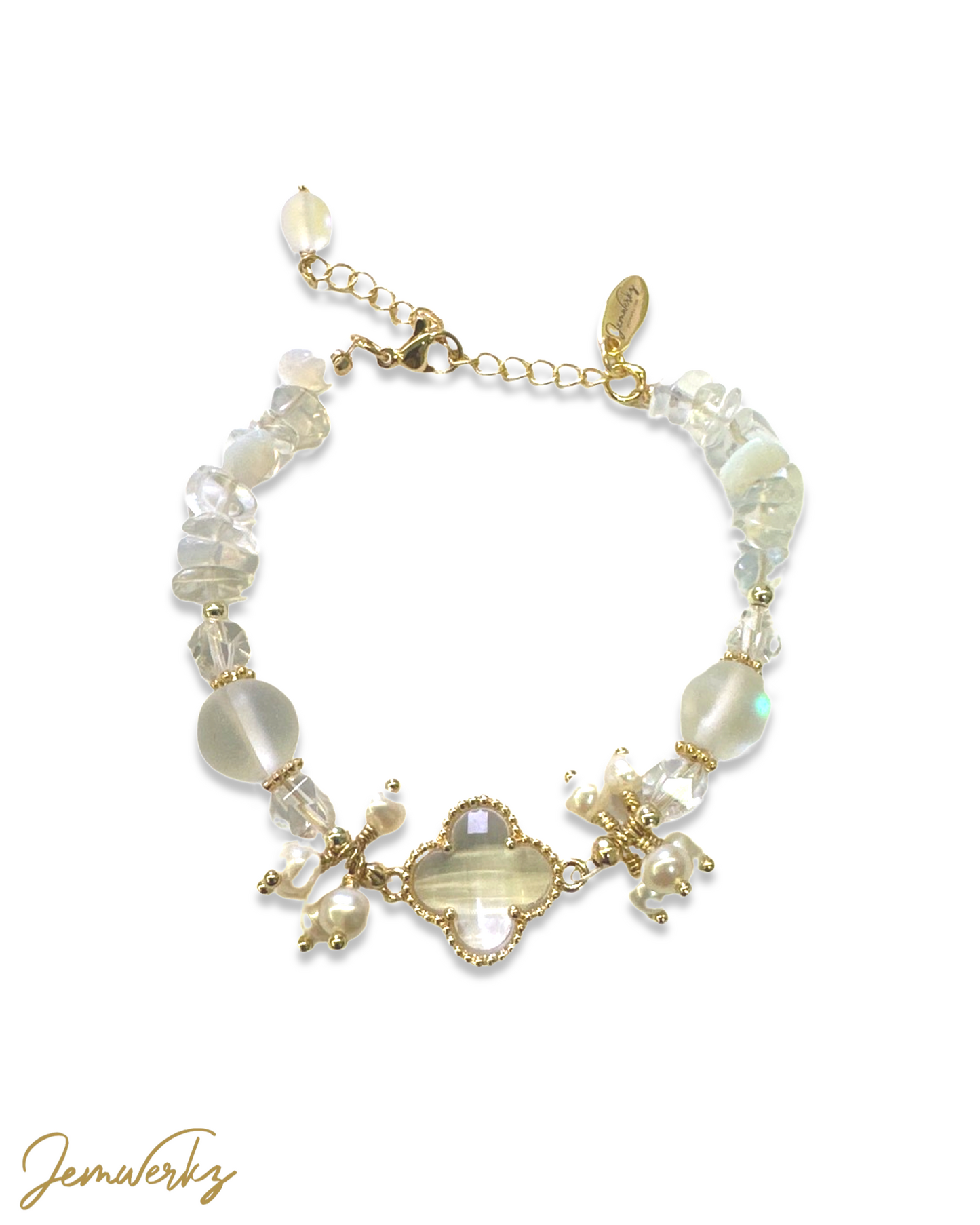 ORLI - Clear Clover with Opalite Chips, Aura Beads, Freshwater Pearls and Clear Quartz Bracelet