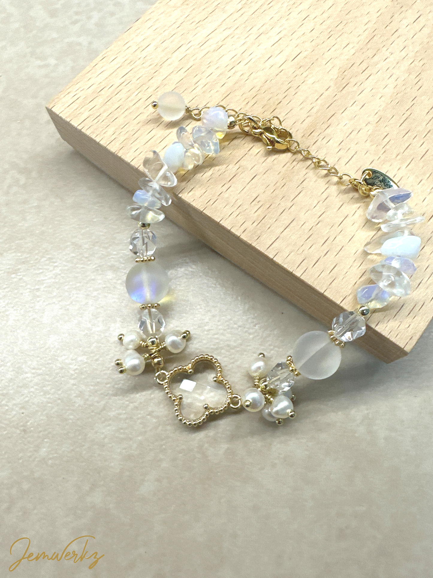 ORLI - Clear Clover with Opalite Chips, Aura Beads, Freshwater Pearls and Clear Quartz Bracelet