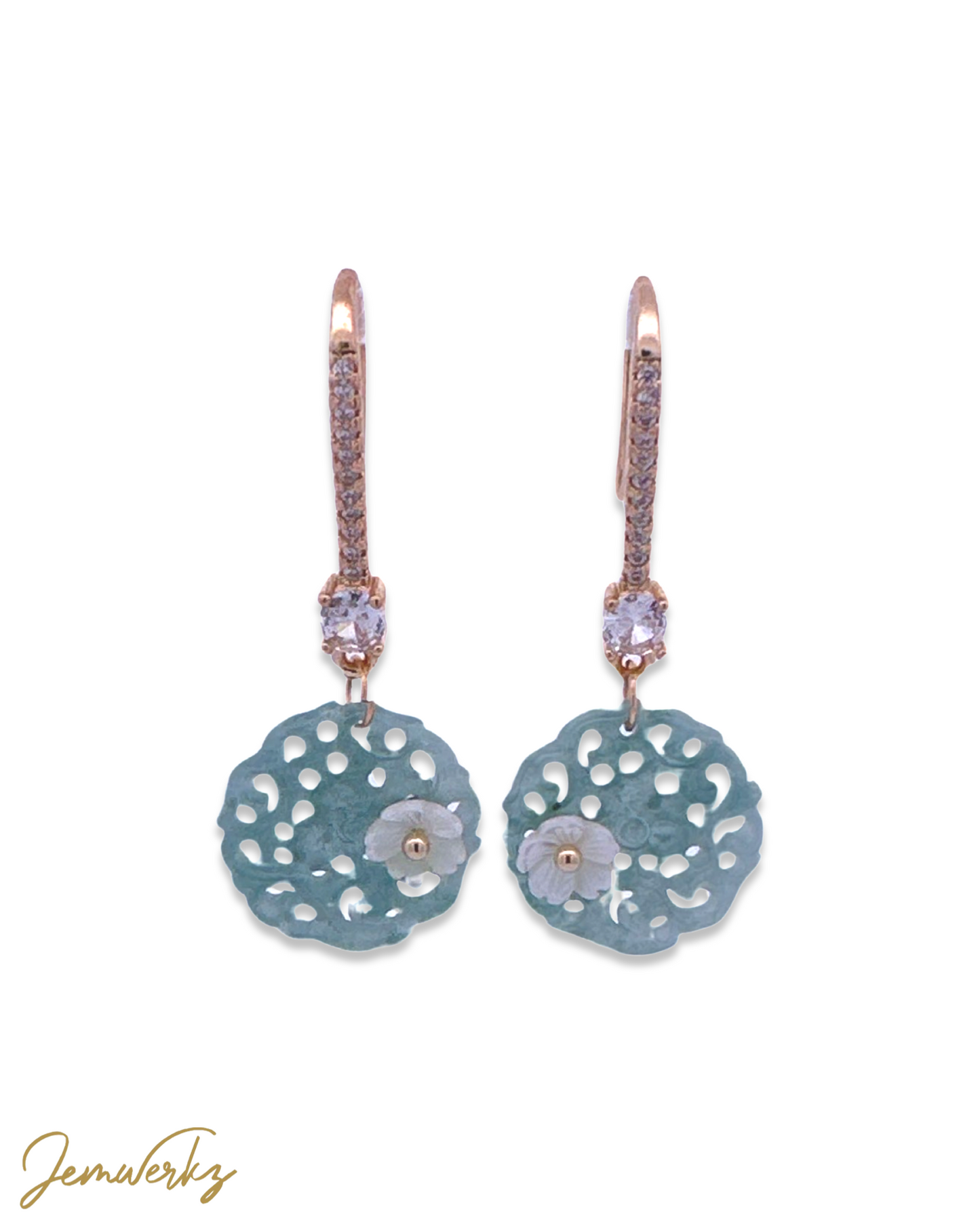 JYAN - Bluewater Carved Jade with Pearl Shell Flower Earrings