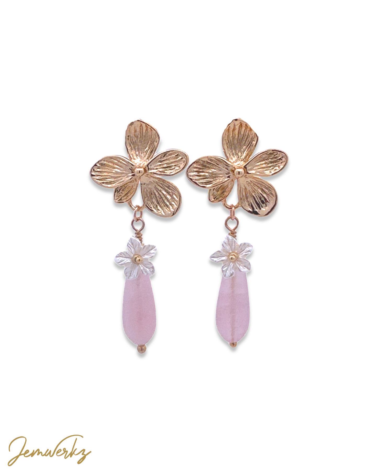 REBEL - Rose Quartz Teardrop with Pearl Shell Flowers Earrings