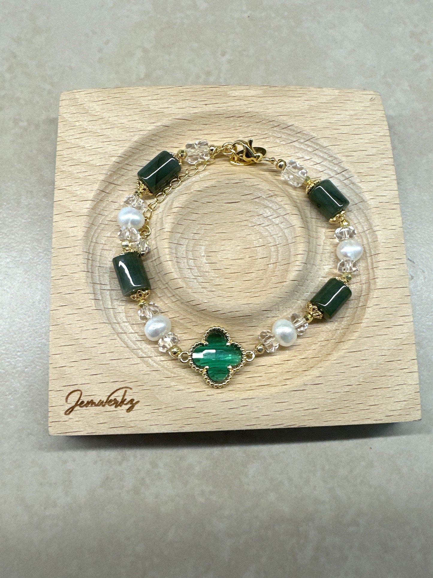 JULISSA - Green Clover with Jade Barrel, Faceted Clear Quartz and Freshwater Pearls Bracelet