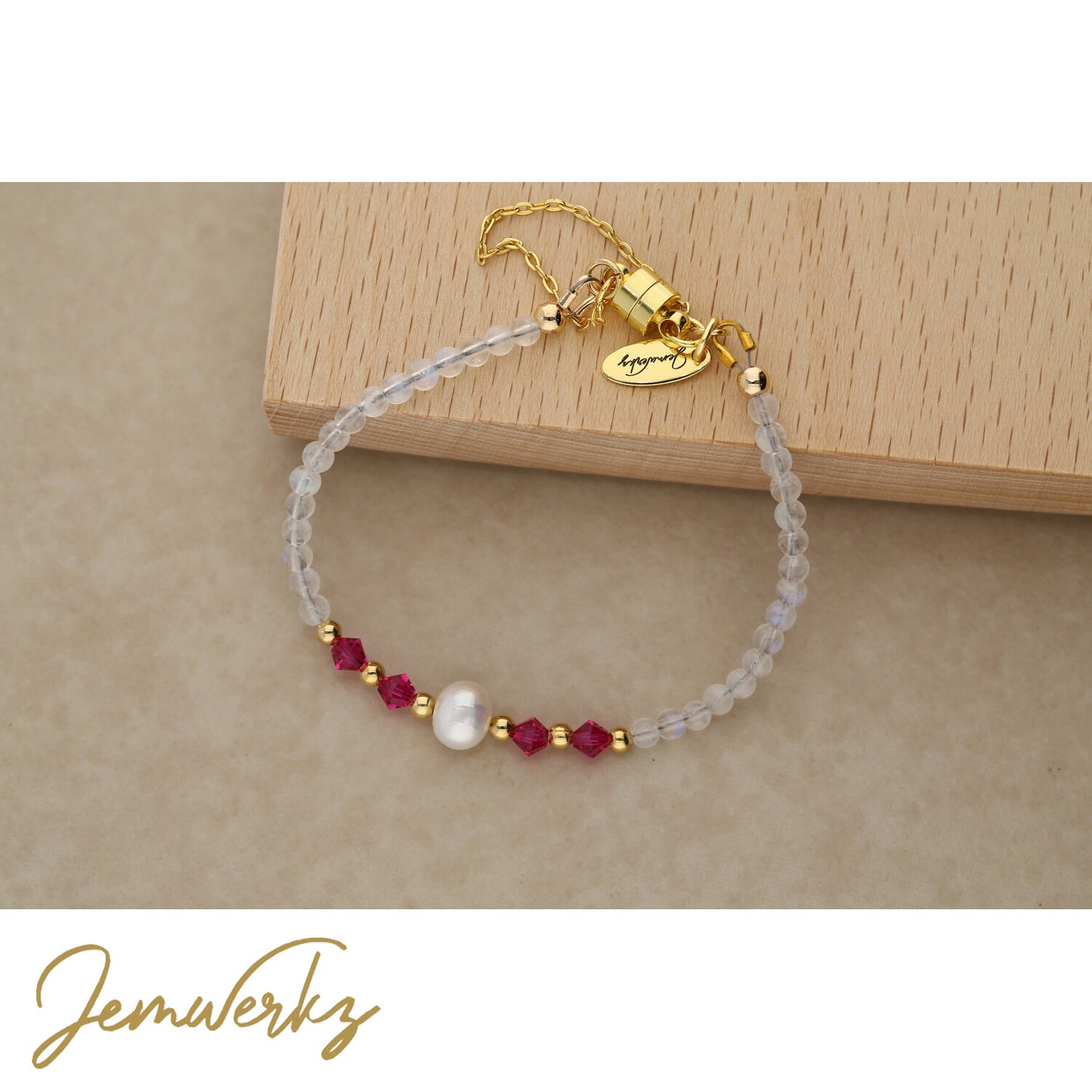 MIU - Moonstone beads, Pink Swarovski Crystals and a Freshwater Pearl Bracelet