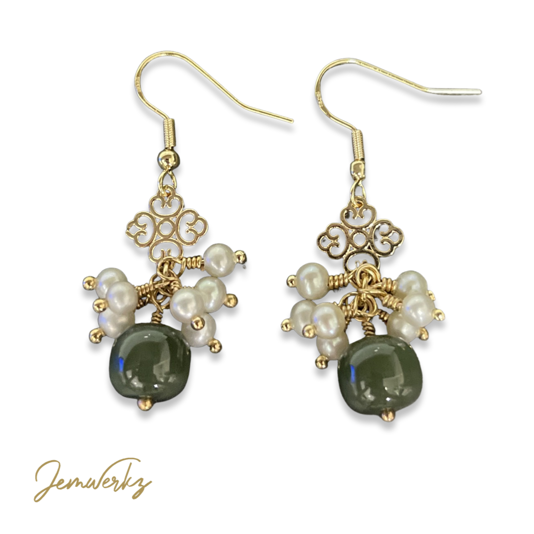 JOY - Nephrite Jade and Freshwater Pearls Cluster Earrings