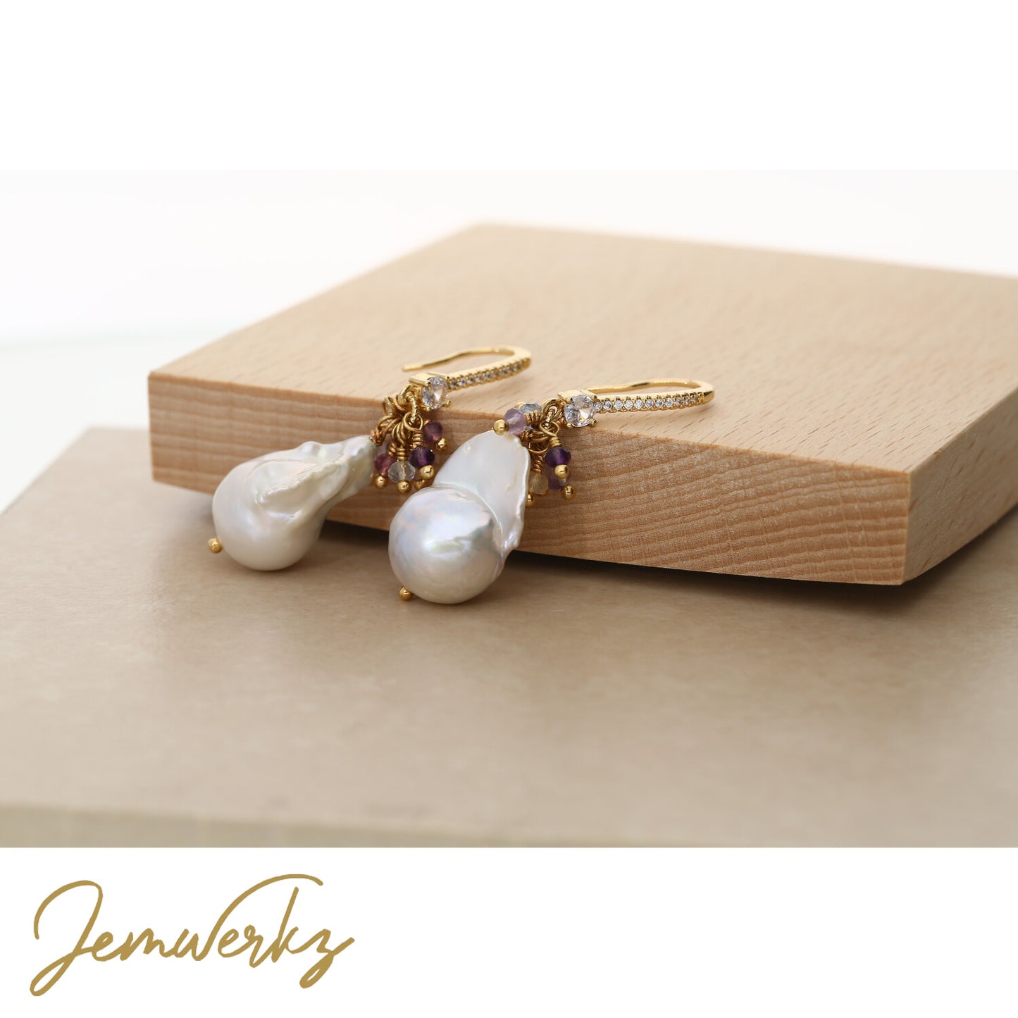 PERLA - Baroque Pearl with Fluorite Cluster Earrings