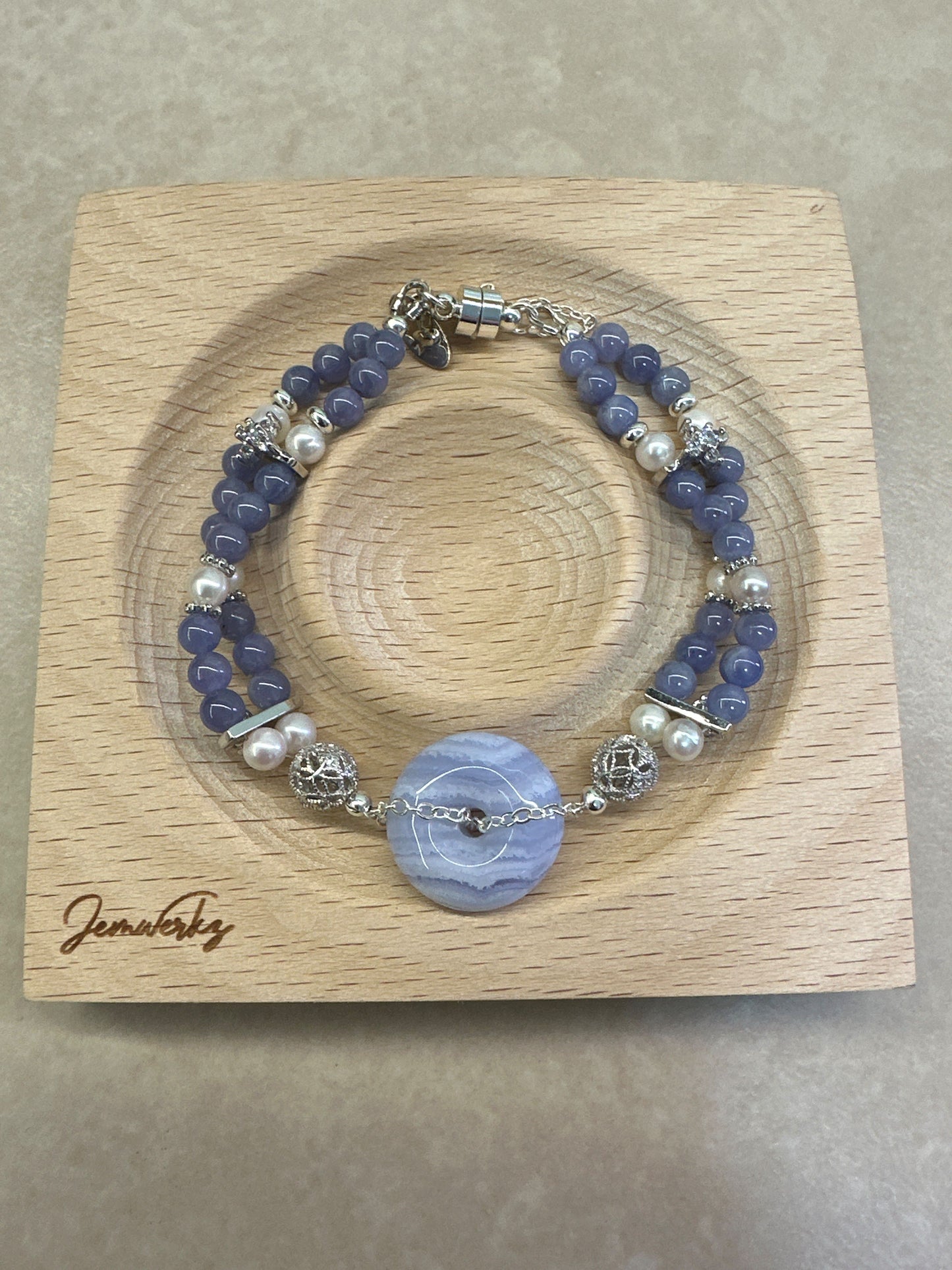 BEATRICE - Blue Lace Agate Donut with Tanzanite and Freshwater Pearl Bracelet (Gold/ Silver)