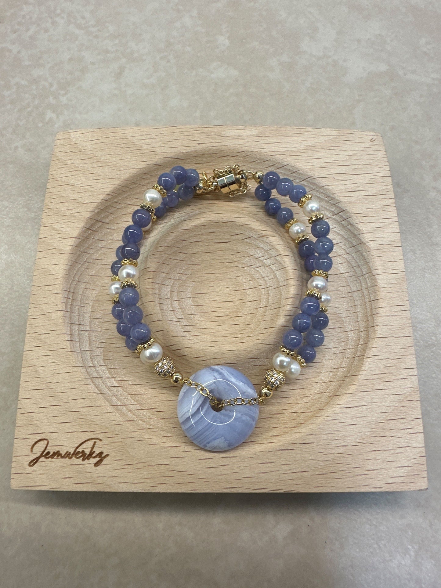 BEATRICE - Blue Lace Agate Donut with Tanzanite and Freshwater Pearl Bracelet (Gold/ Silver)