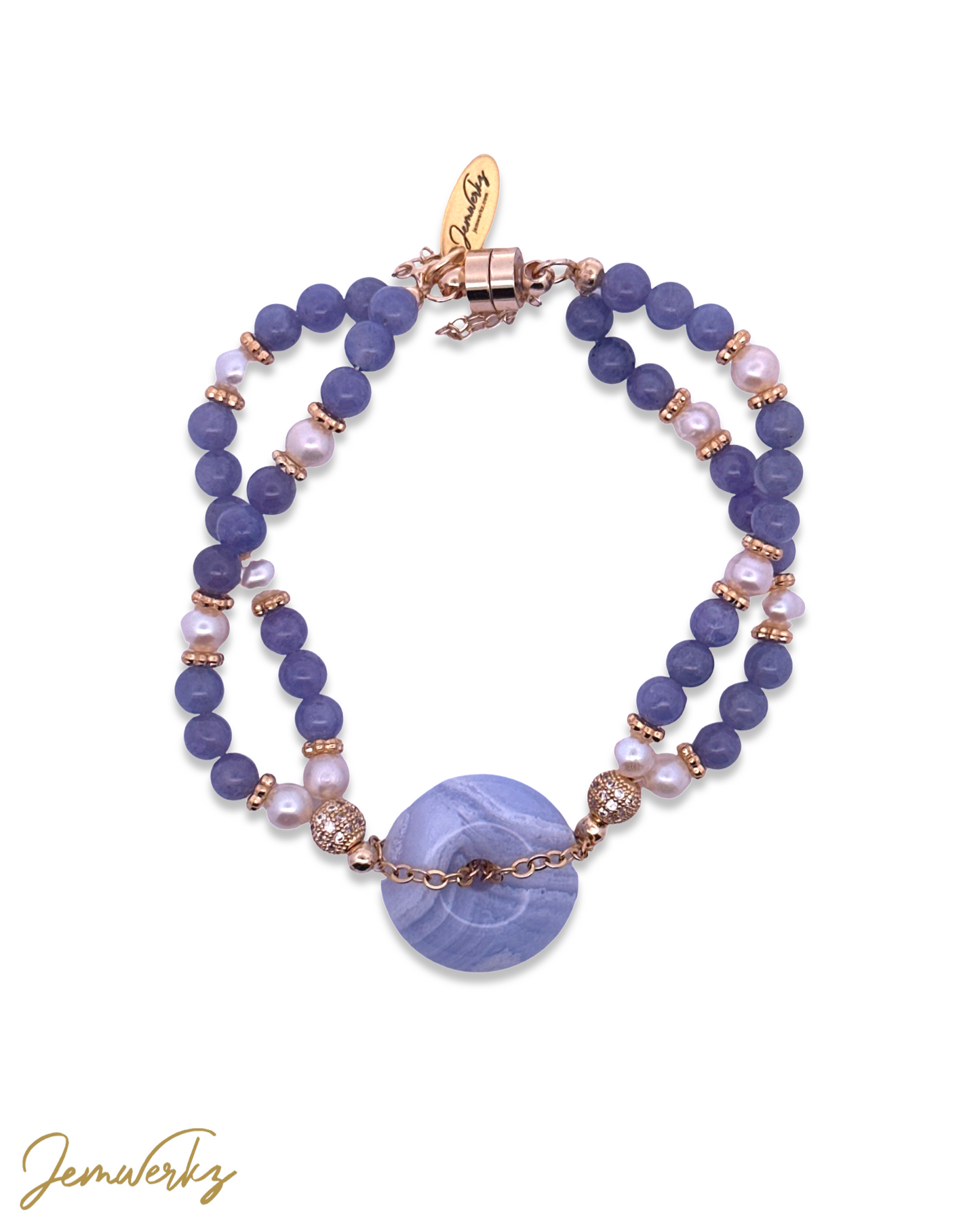 BEATRICE - Blue Lace Agate Donut with Tanzanite and Freshwater Pearl Bracelet (Gold/ Silver)