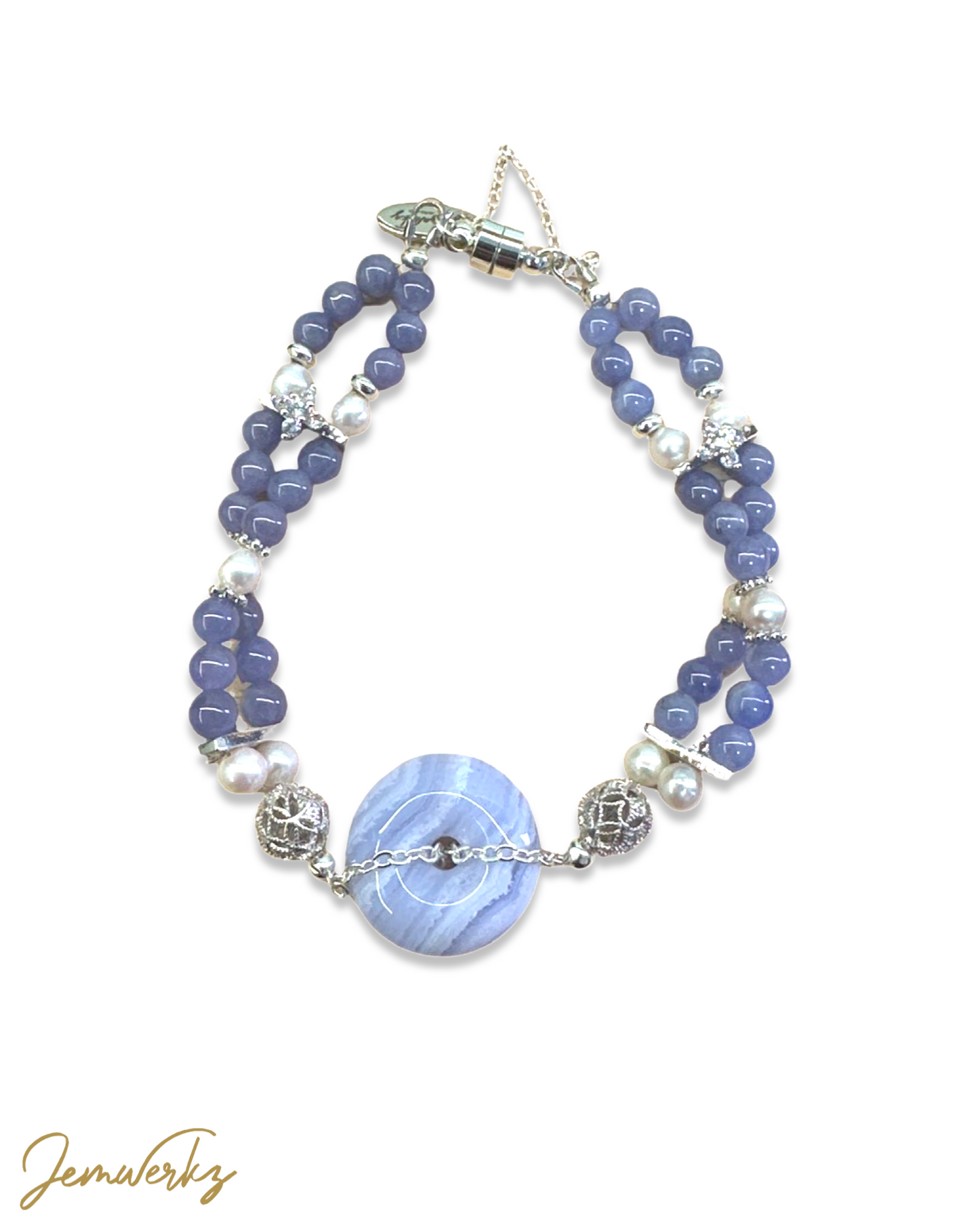 BEATRICE - Blue Lace Agate Donut with Tanzanite and Freshwater Pearl Bracelet (Gold/ Silver)